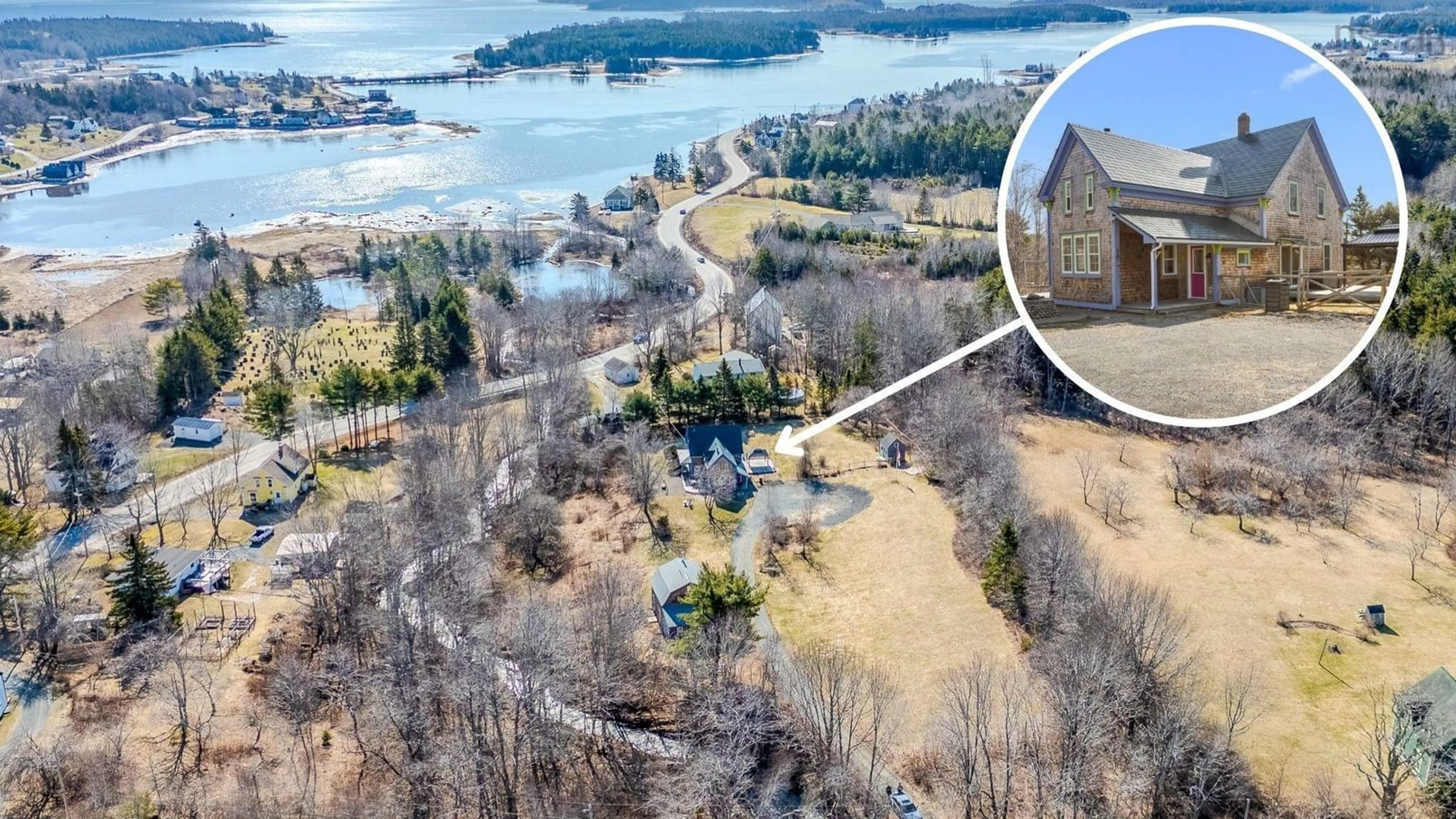 A pic from outside/outdoor area/front of a property/back of a property/a pic from drone, water/lake/river/ocean view for 43 Grimm Rd, First South Nova Scotia B0J 2C0