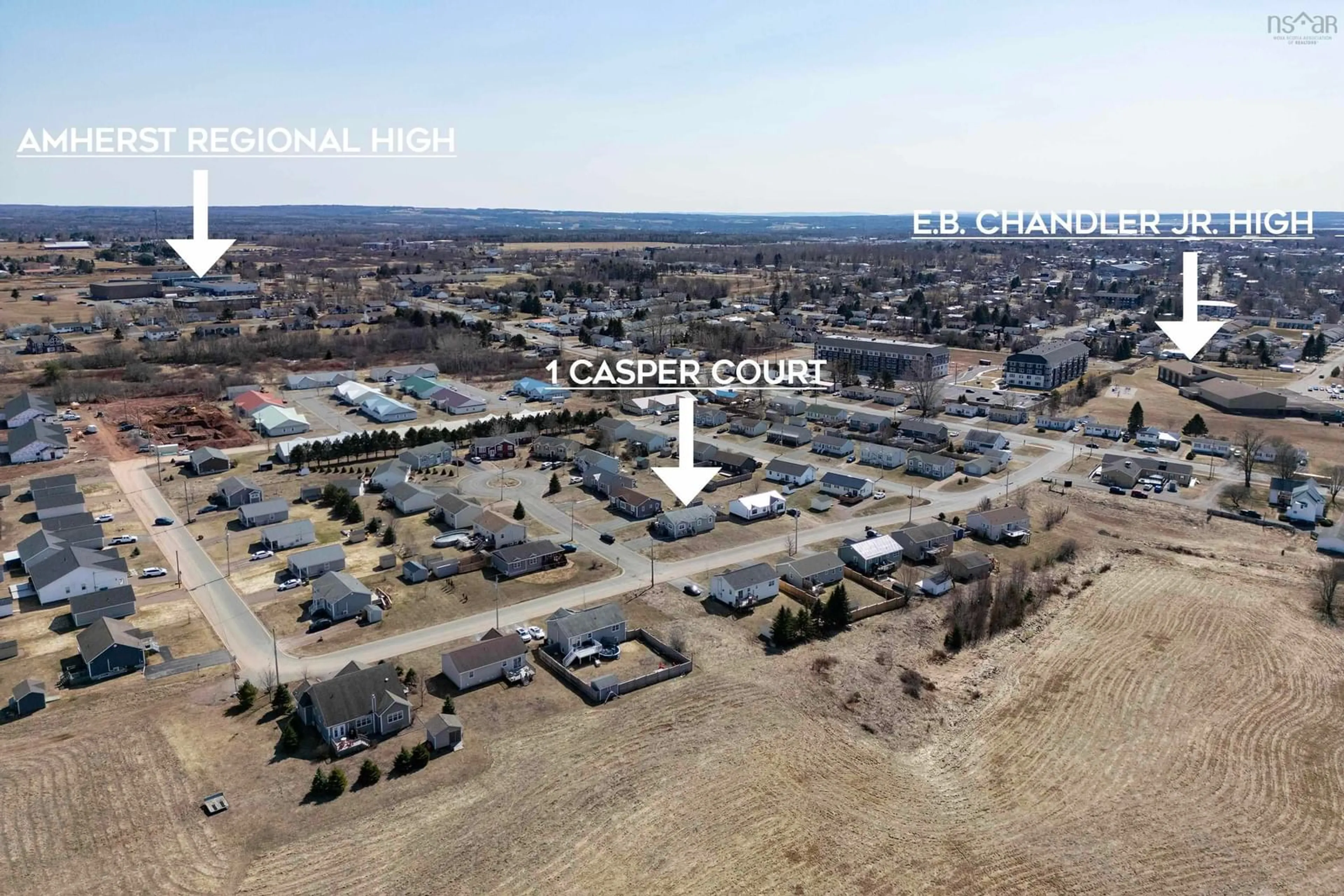 A pic from outside/outdoor area/front of a property/back of a property/a pic from drone, street for 1 Casper Crt, Amherst Nova Scotia B4H 0A7