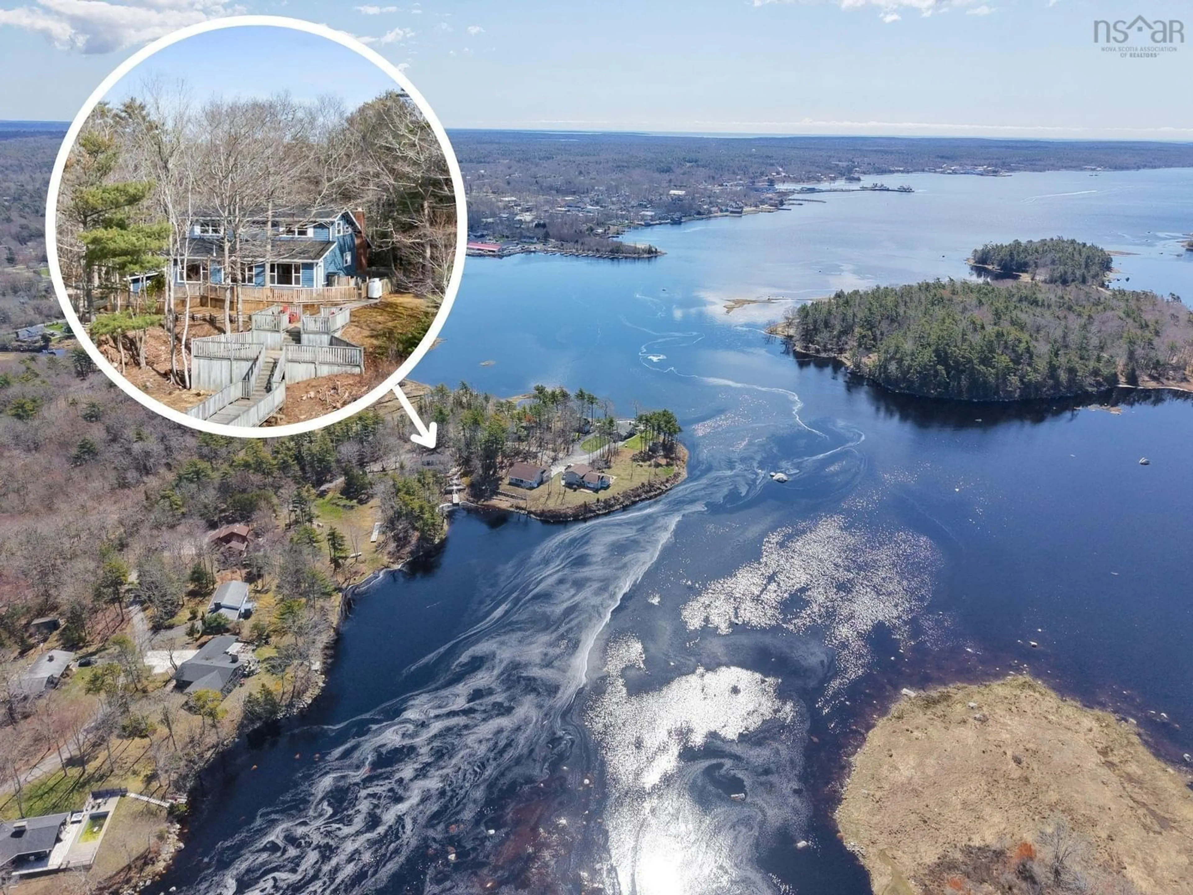 A pic from outside/outdoor area/front of a property/back of a property/a pic from drone, water/lake/river/ocean view for 74 Mcgills Point Lane, Shelburne Nova Scotia B0T 1W0