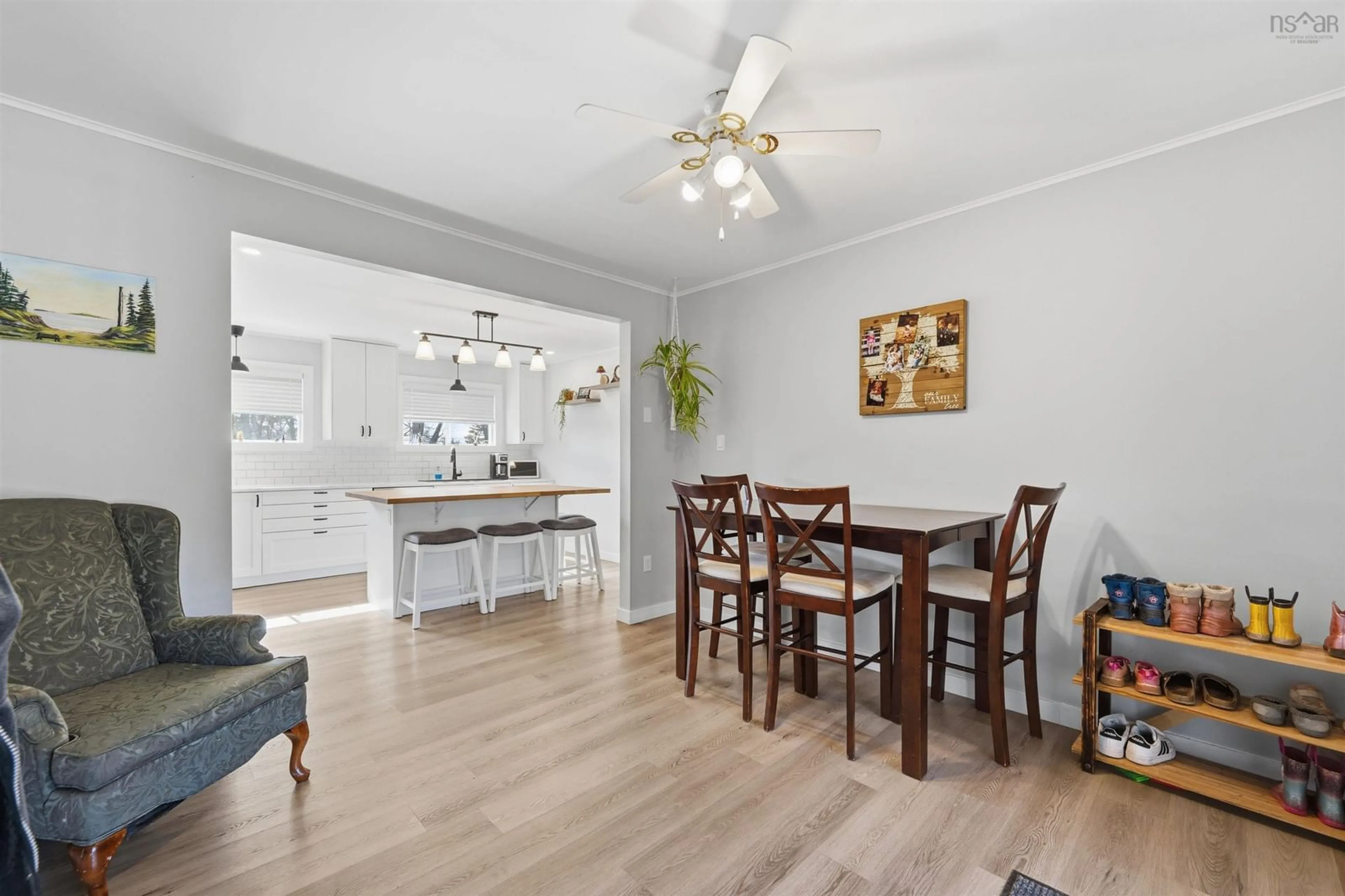 Dining room, wood/laminate floor for 90 Parrish Rd, Woodville Nova Scotia B0P 1G0