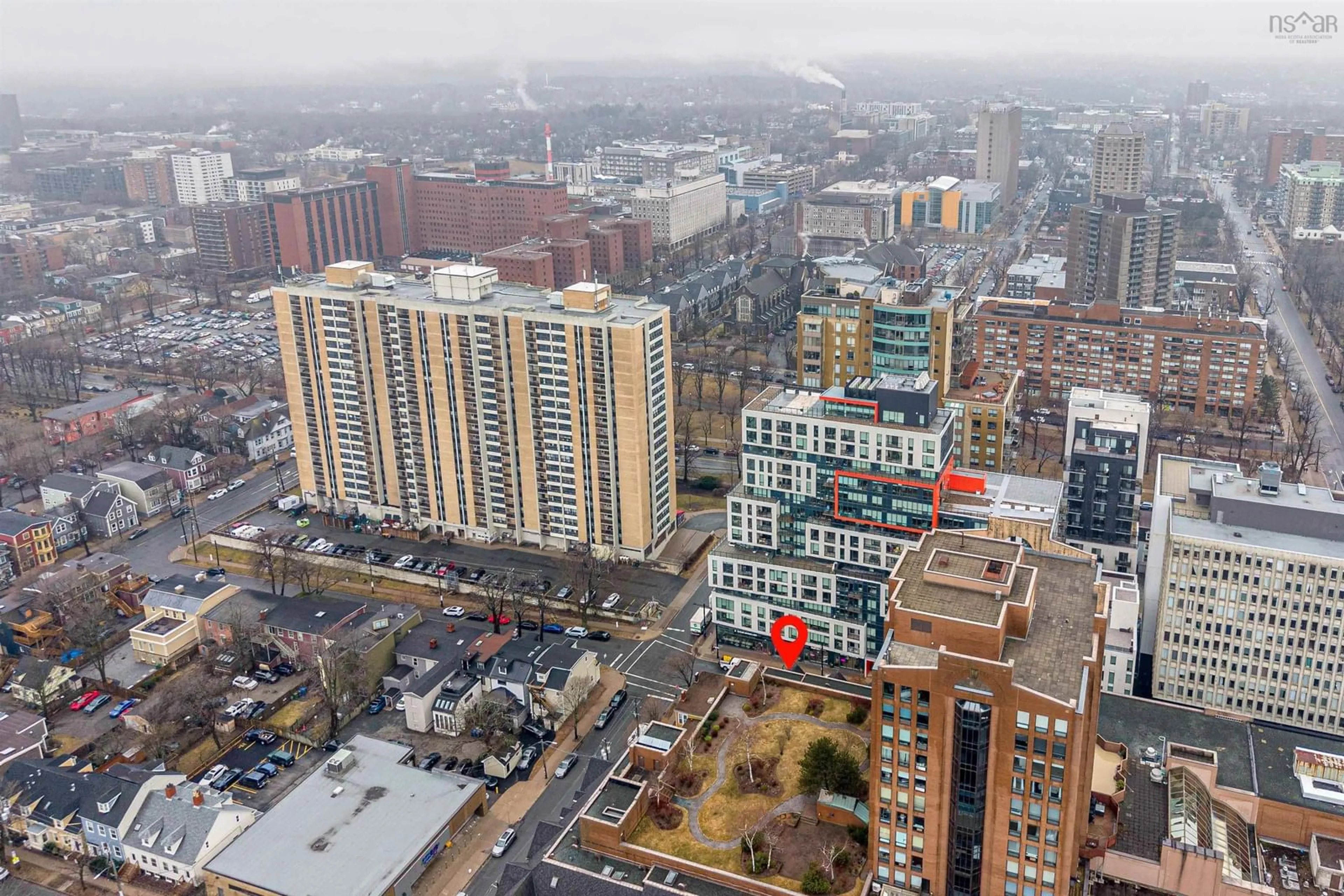 A pic from outside/outdoor area/front of a property/back of a property/a pic from drone, city buildings view from balcony for 1454 Dresden Row #1002, Halifax Nova Scotia B3J 3T5