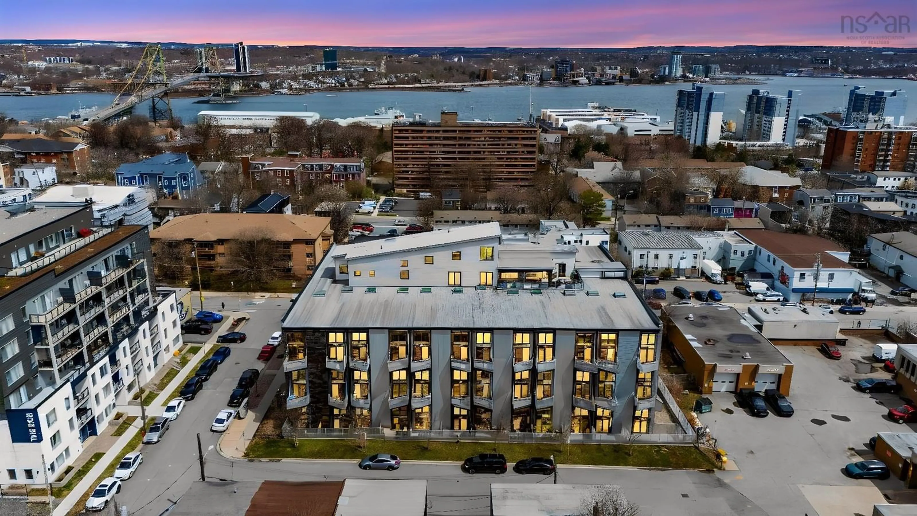 A pic from outside/outdoor area/front of a property/back of a property/a pic from drone, city buildings view from balcony for 5662 Roberts St #222, Halifax Nova Scotia B3K 0E3