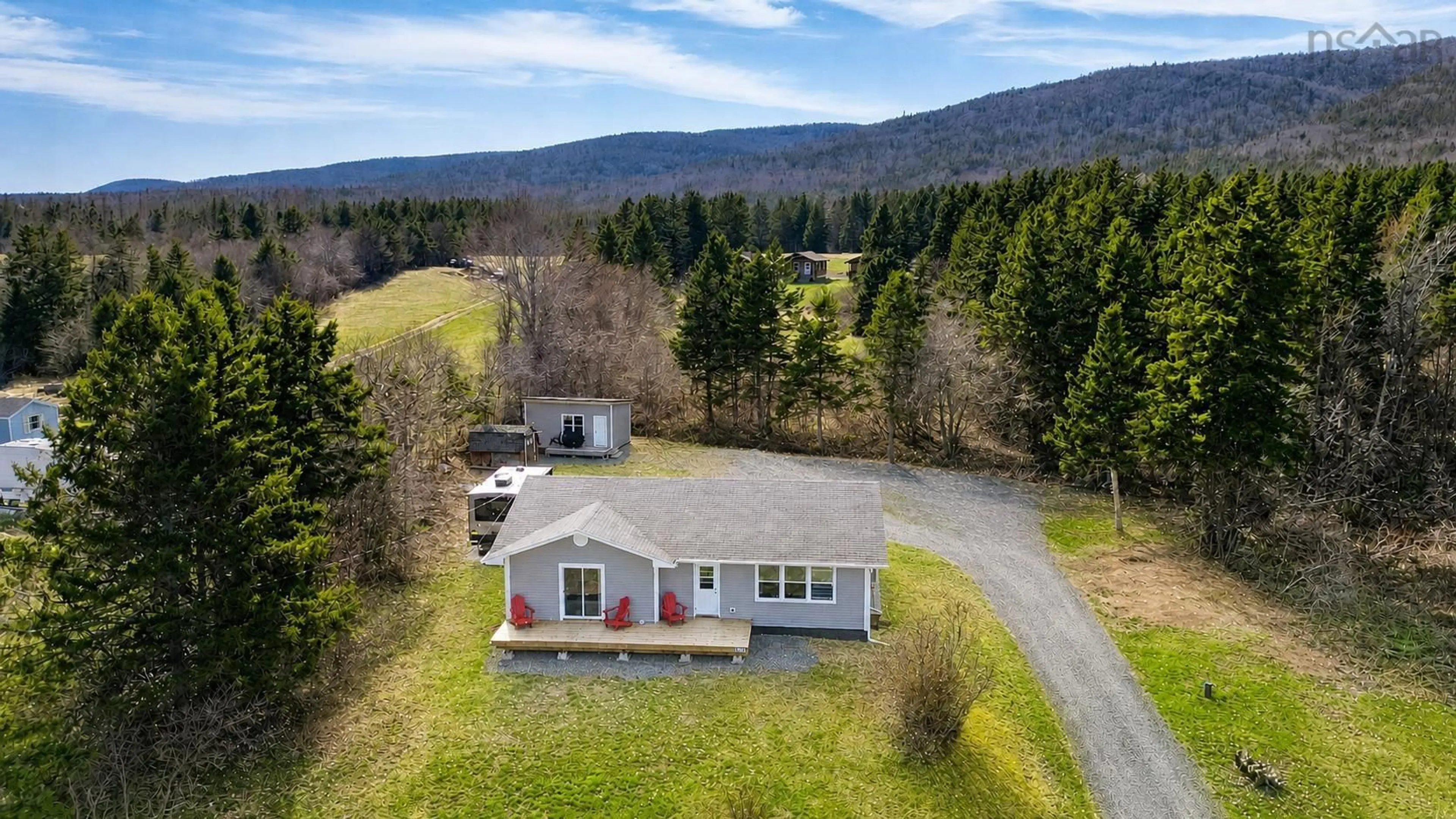 A pic from outside/outdoor area/front of a property/back of a property/a pic from drone, mountain view for 8361 Cabot Trail, Margaree Forks Nova Scotia B0E 2A0