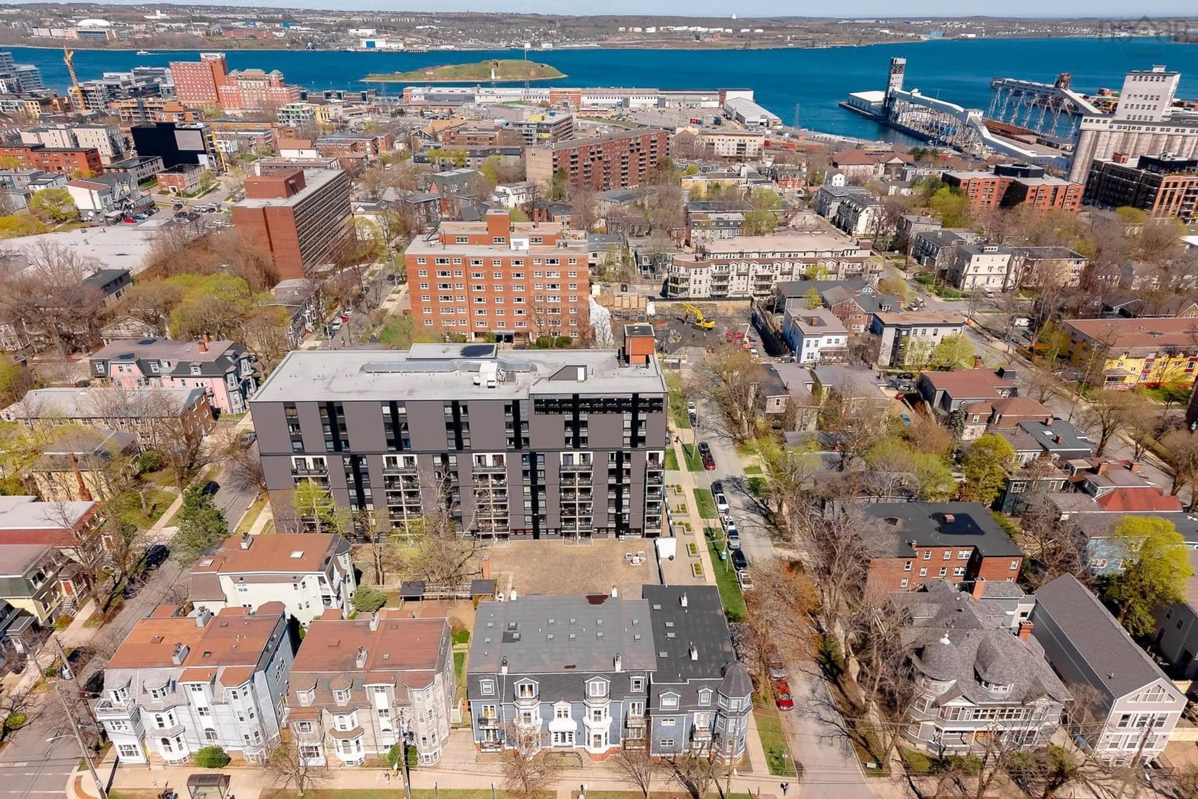A pic from outside/outdoor area/front of a property/back of a property/a pic from drone, city buildings view from balcony for 1049 South Park St #5, Halifax Nova Scotia B3H 2W5