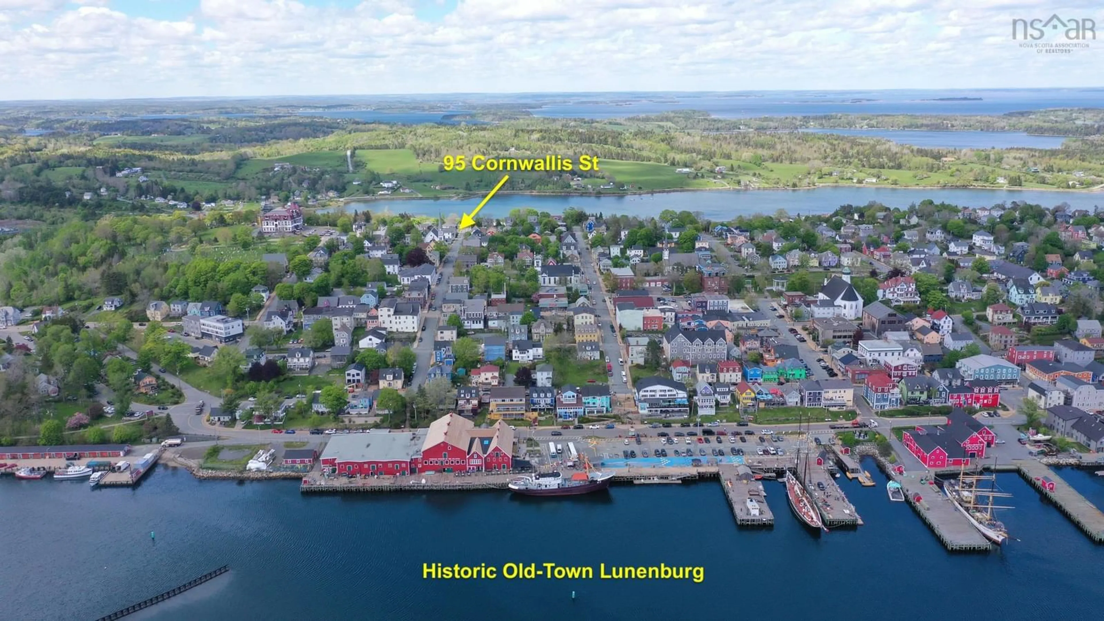 A pic from outside/outdoor area/front of a property/back of a property/a pic from drone, water/lake/river/ocean view for 95 Cornwallis St, Lunenburg Nova Scotia B0J 2C0