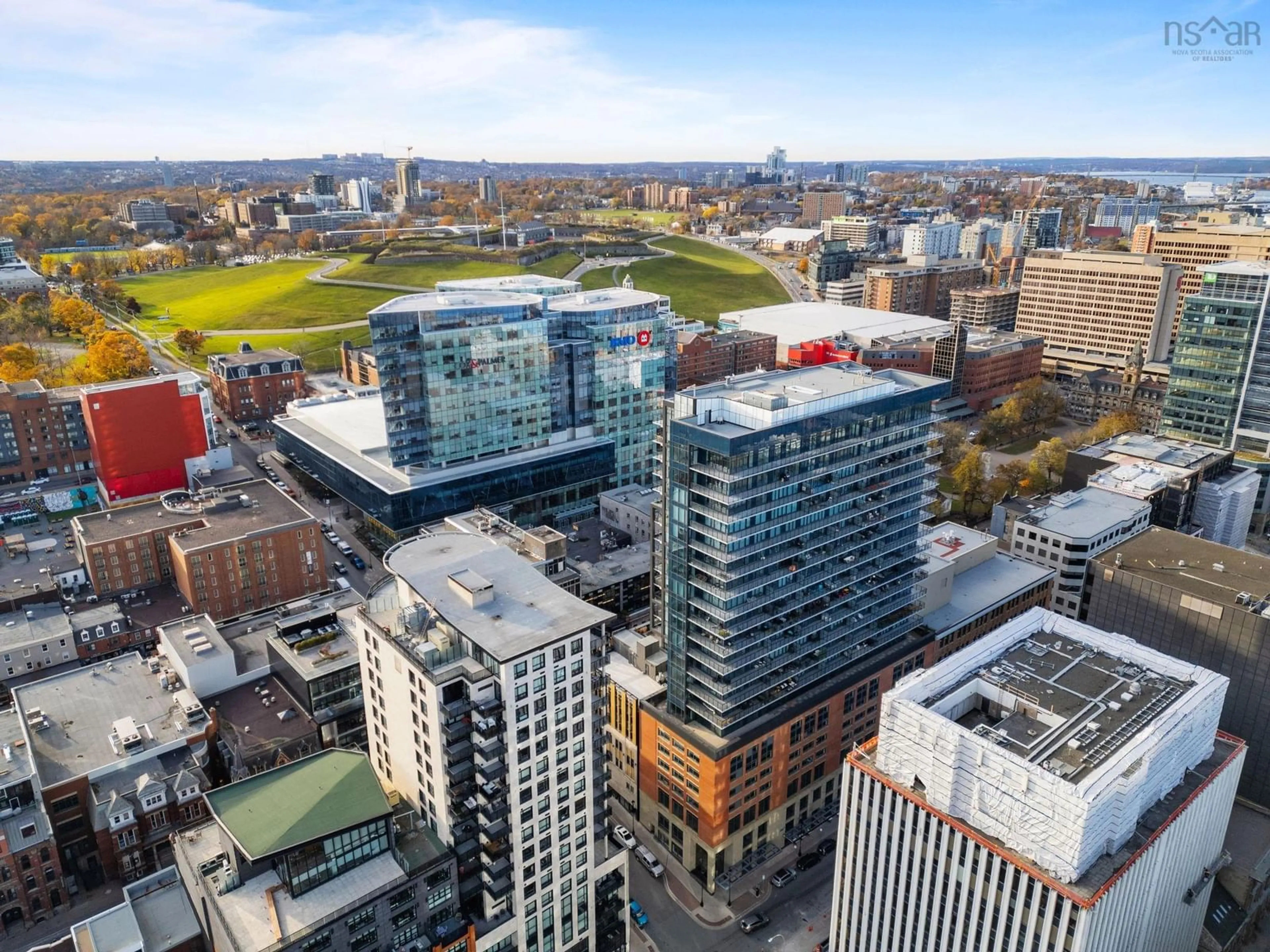 A pic from outside/outdoor area/front of a property/back of a property/a pic from drone, city buildings view from balcony for 1202 1650 Granville Street, Halifax Nova Scotia B3J 0E1