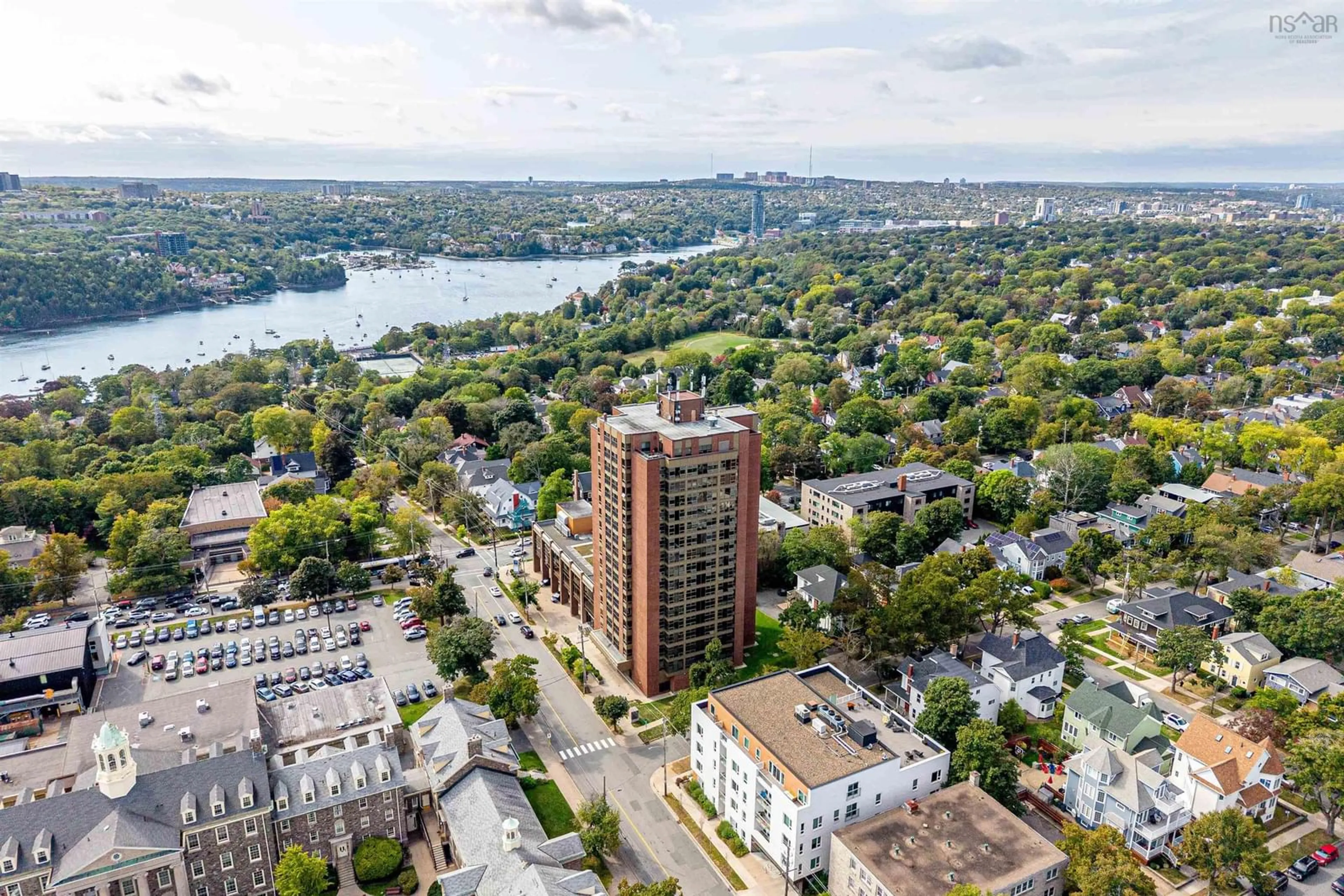 A pic from outside/outdoor area/front of a property/back of a property/a pic from drone, city buildings view from balcony for 6369 Coburg Rd #402, Halifax Nova Scotia B3H 4J7