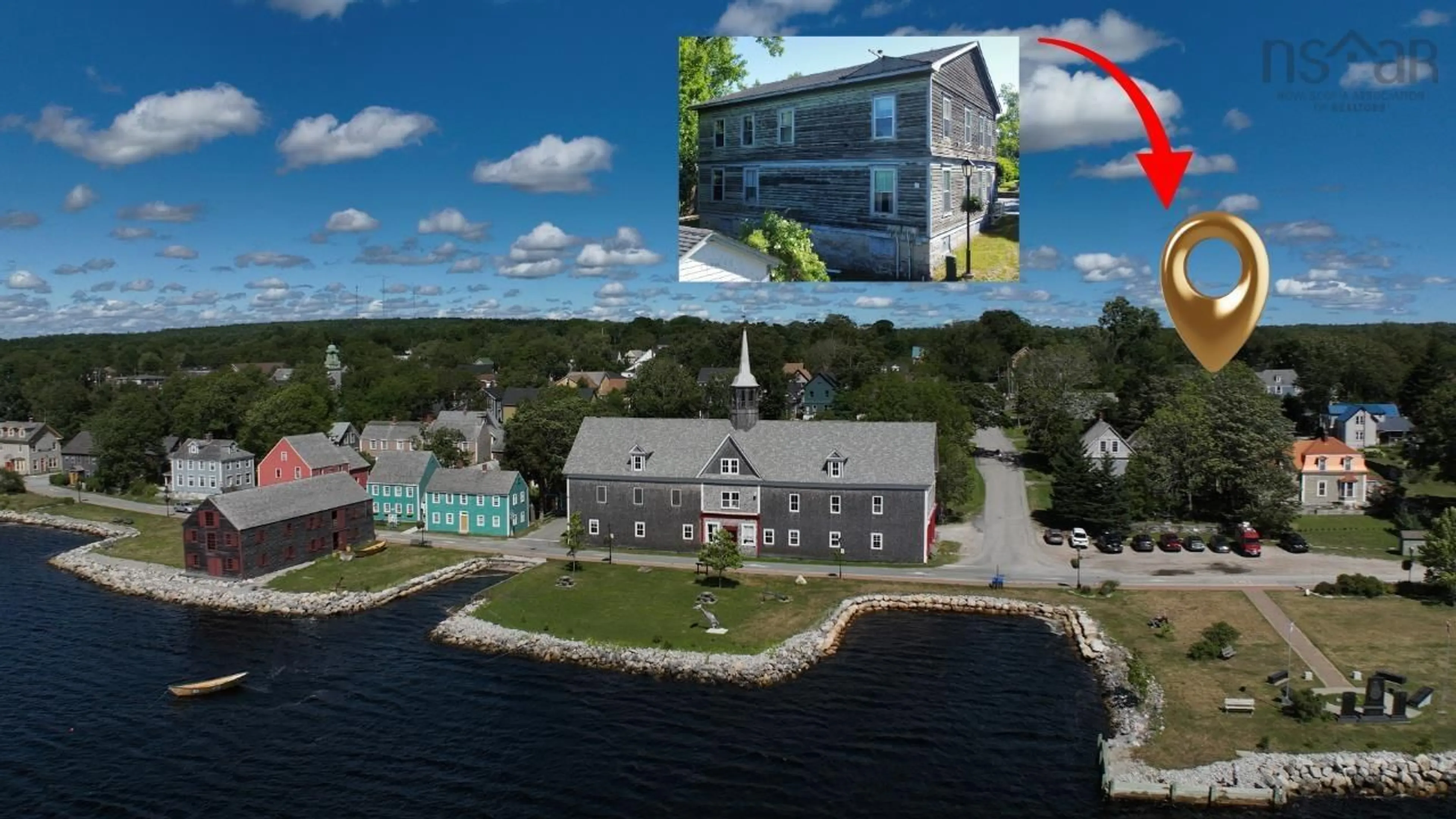 A pic from outside/outdoor area/front of a property/back of a property/a pic from drone, water/lake/river/ocean view for 121 Water St, Shelburne Nova Scotia B0T 1W0
