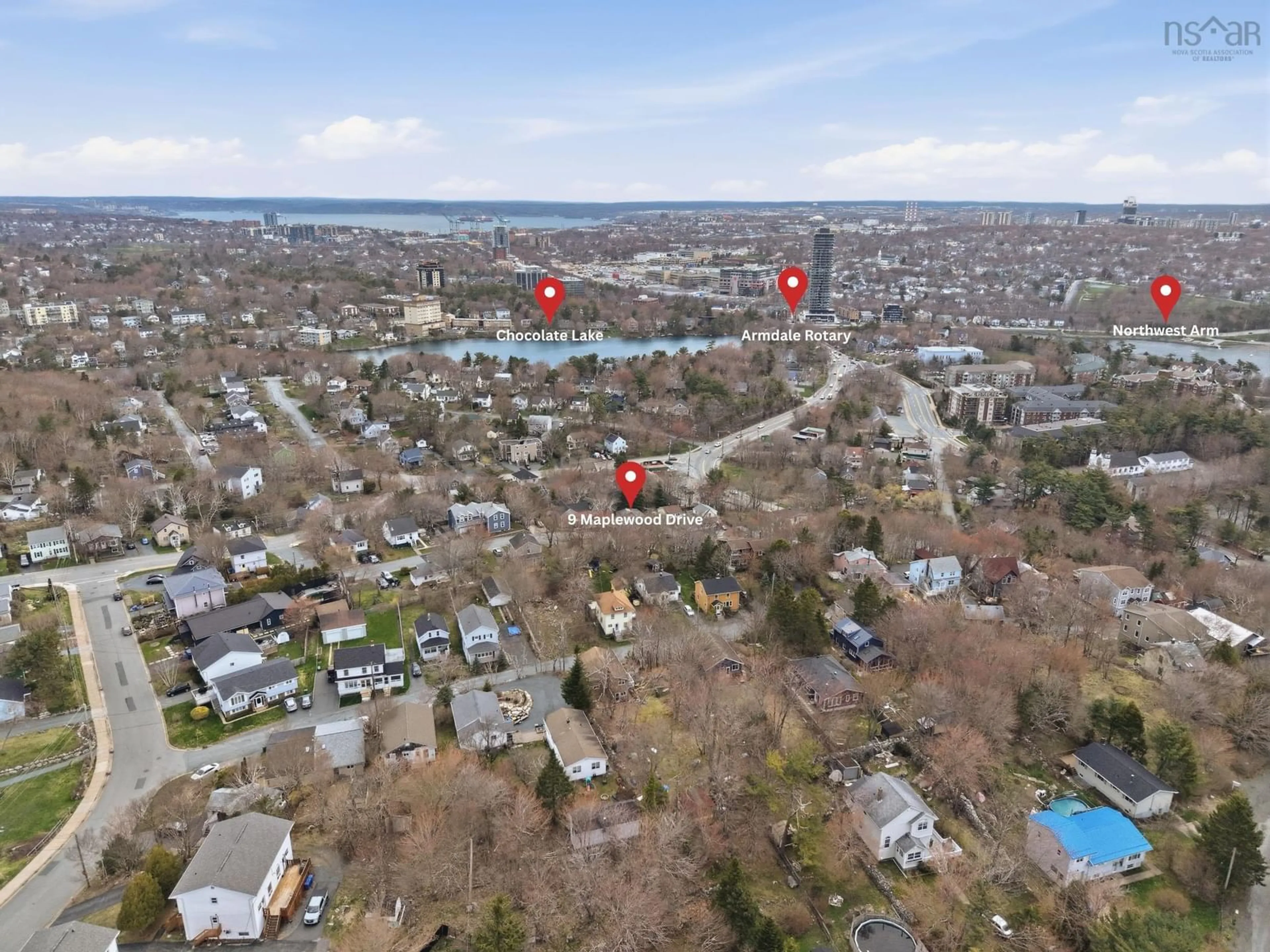 A pic from outside/outdoor area/front of a property/back of a property/a pic from drone, water/lake/river/ocean view for 9 Maplewood Dr, Halifax Nova Scotia B3N 1C4