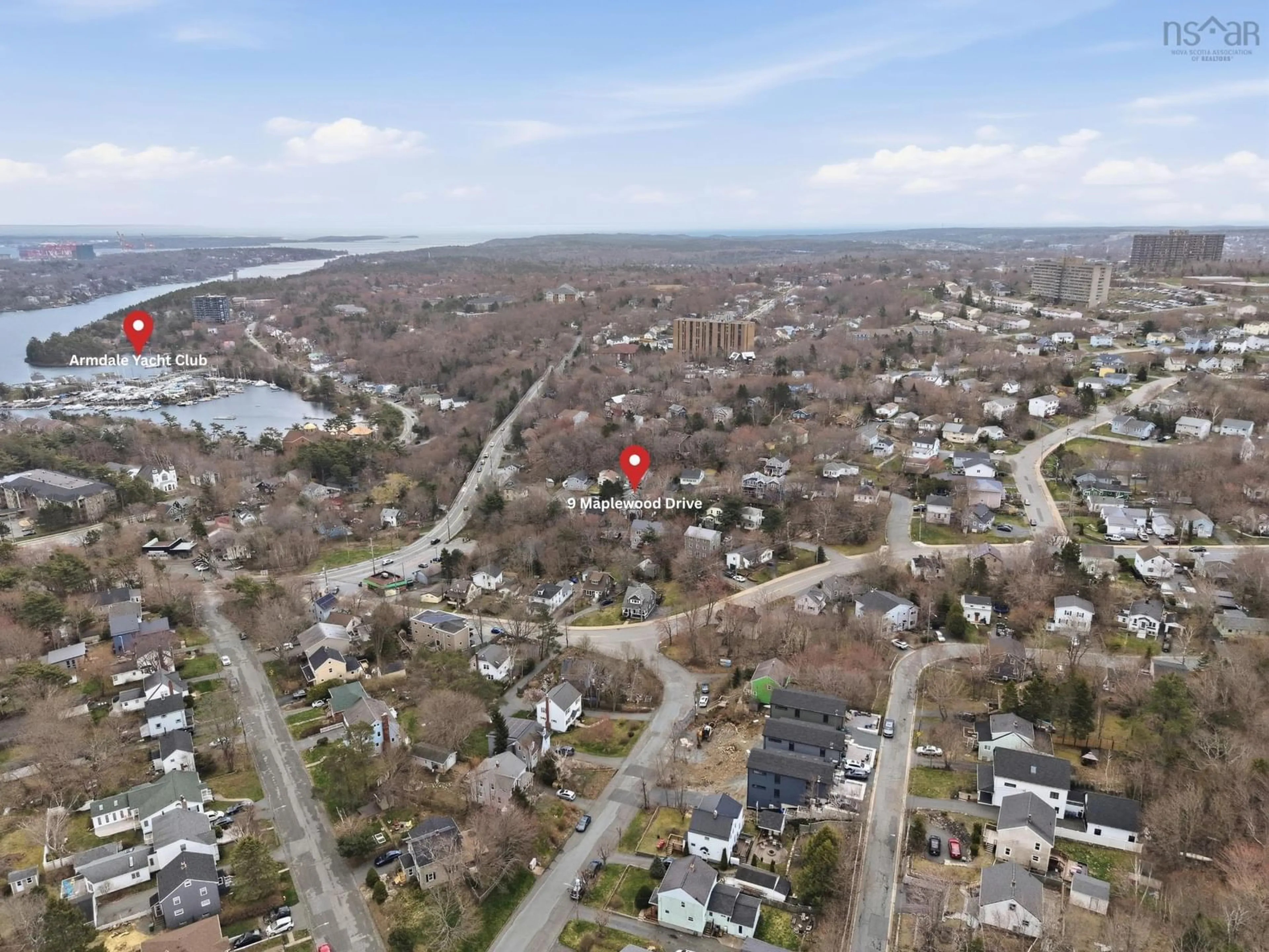A pic from outside/outdoor area/front of a property/back of a property/a pic from drone, water/lake/river/ocean view for 9 Maplewood Dr, Halifax Nova Scotia B3N 1C4