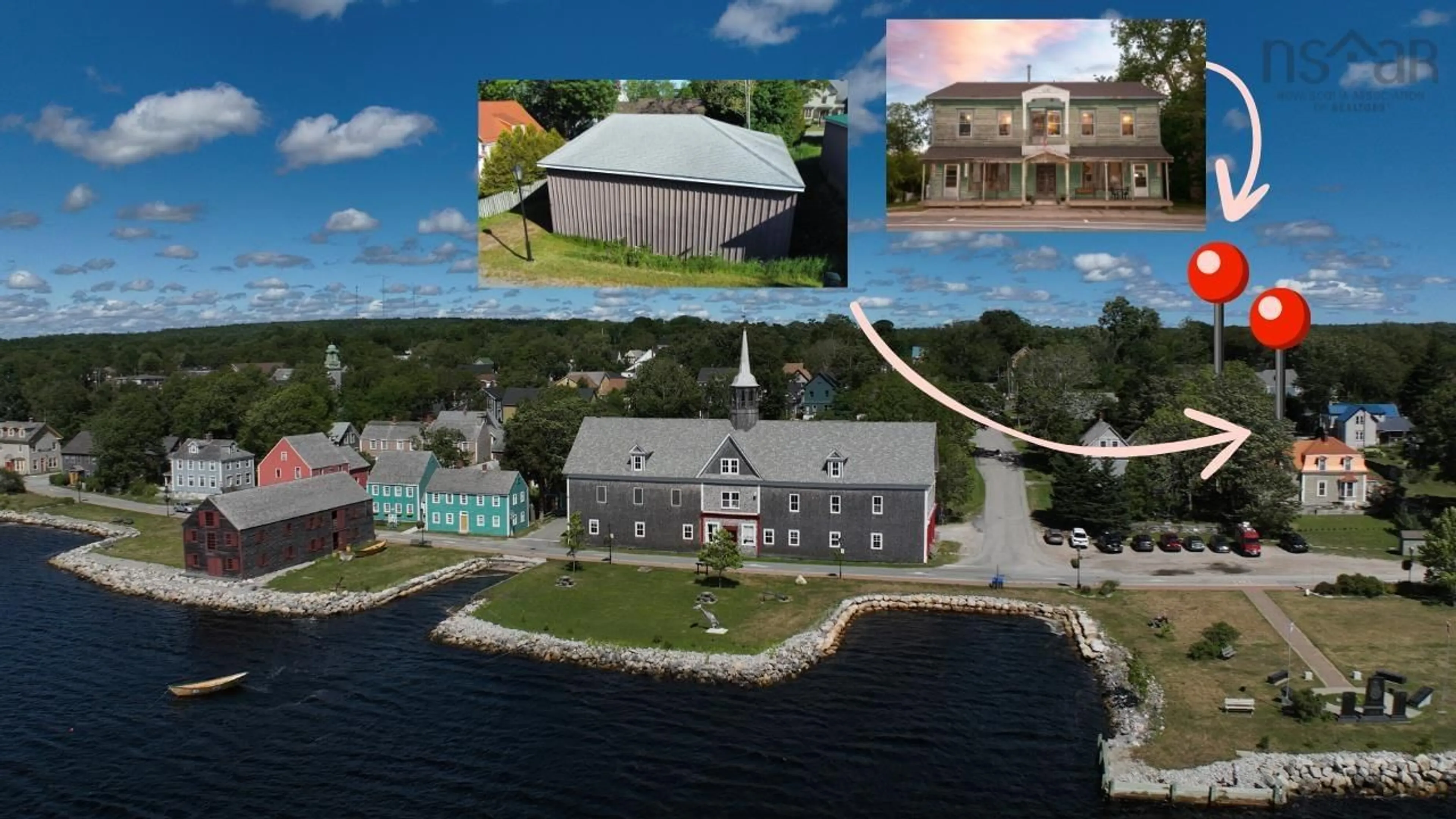 A pic from outside/outdoor area/front of a property/back of a property/a pic from drone, water/lake/river/ocean view for 121 Water St, Shelburne Nova Scotia B0T 1W0