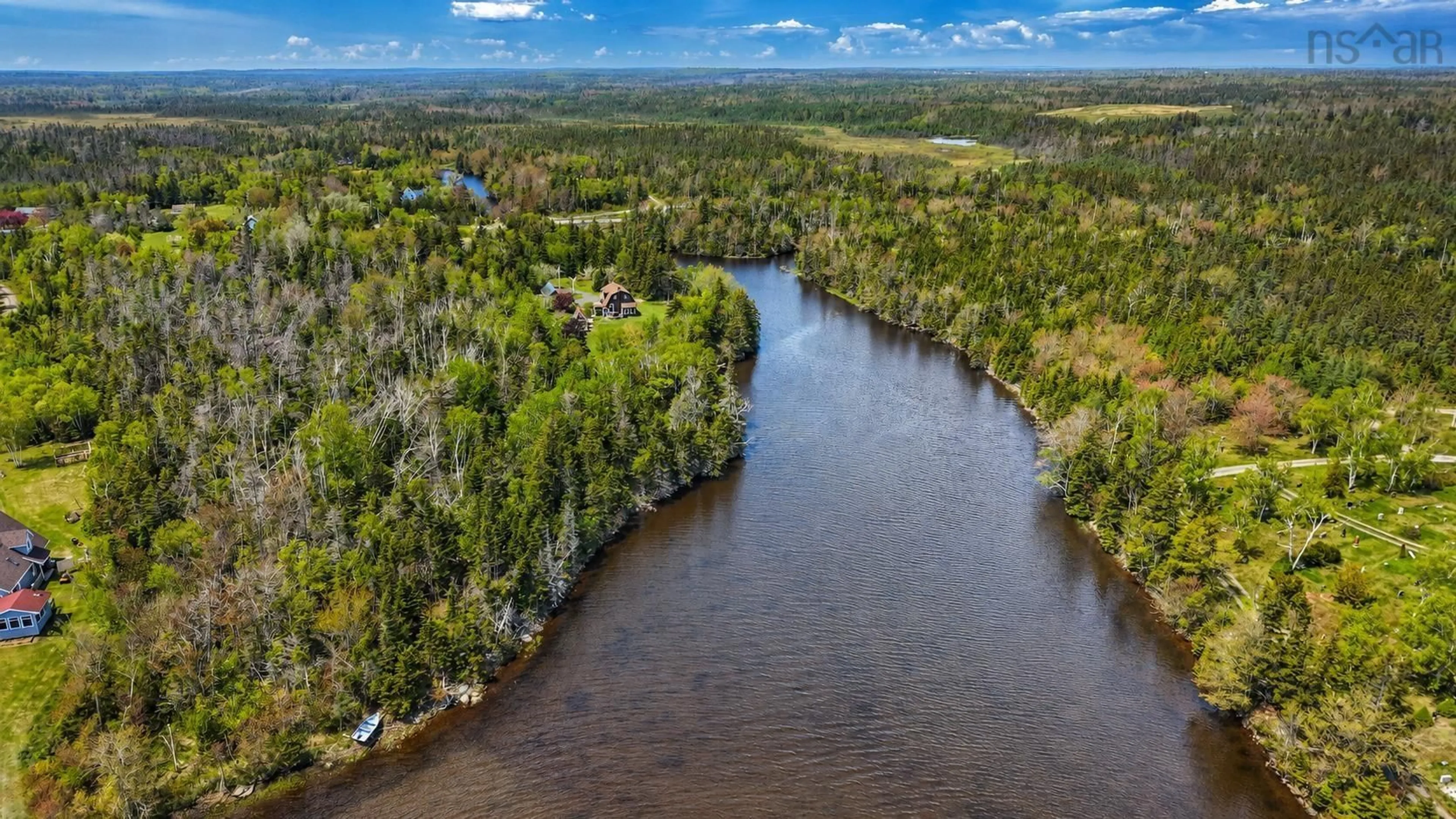 A pic from outside/outdoor area/front of a property/back of a property/a pic from drone, water/lake/river/ocean view for 3539 Highway 255, Black Brook Nova Scotia B1B 1T7