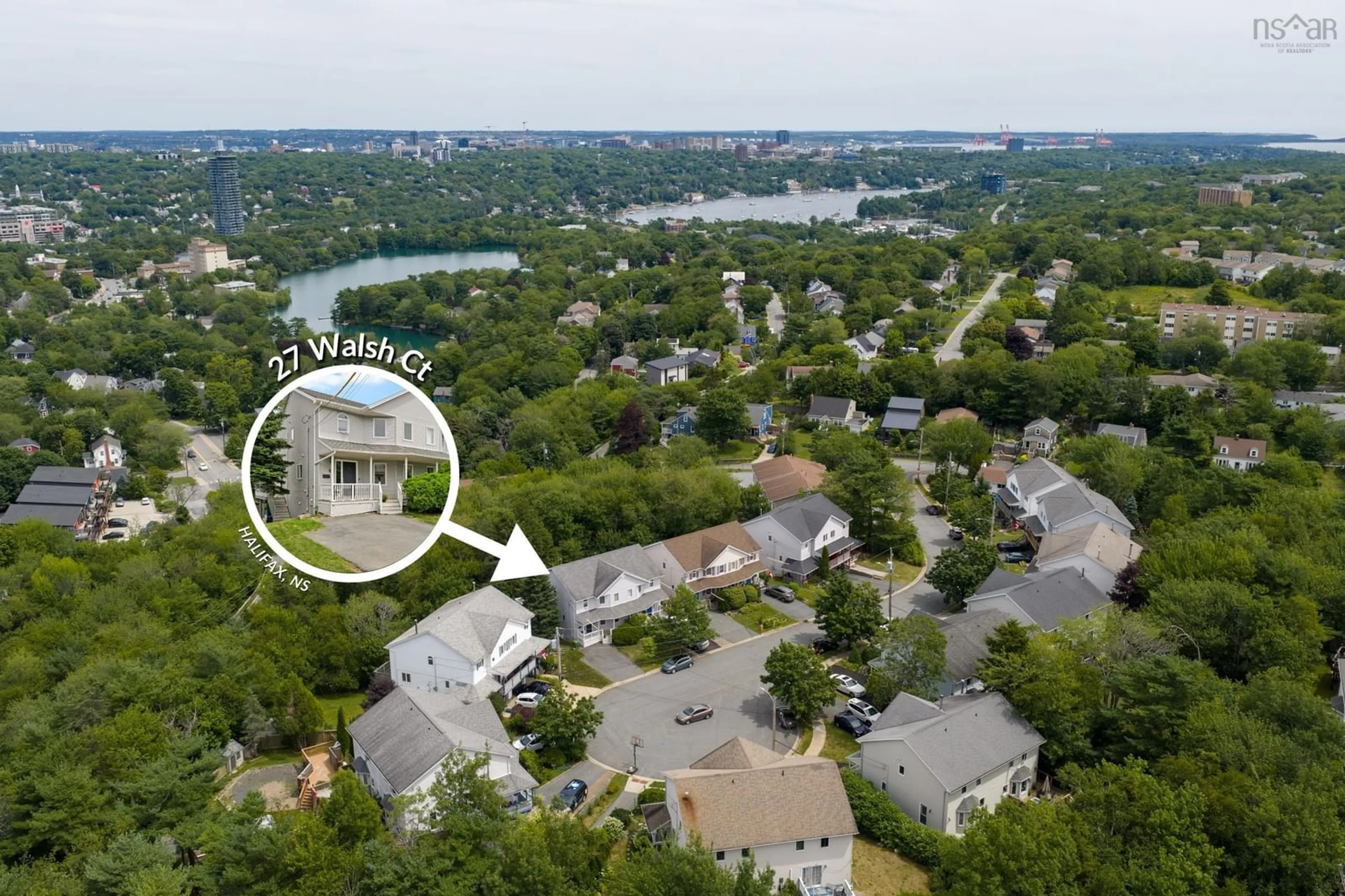 A pic from outside/outdoor area/front of a property/back of a property/a pic from drone, water/lake/river/ocean view for 27 Walsh Crt, Halifax Nova Scotia B3N 3G8