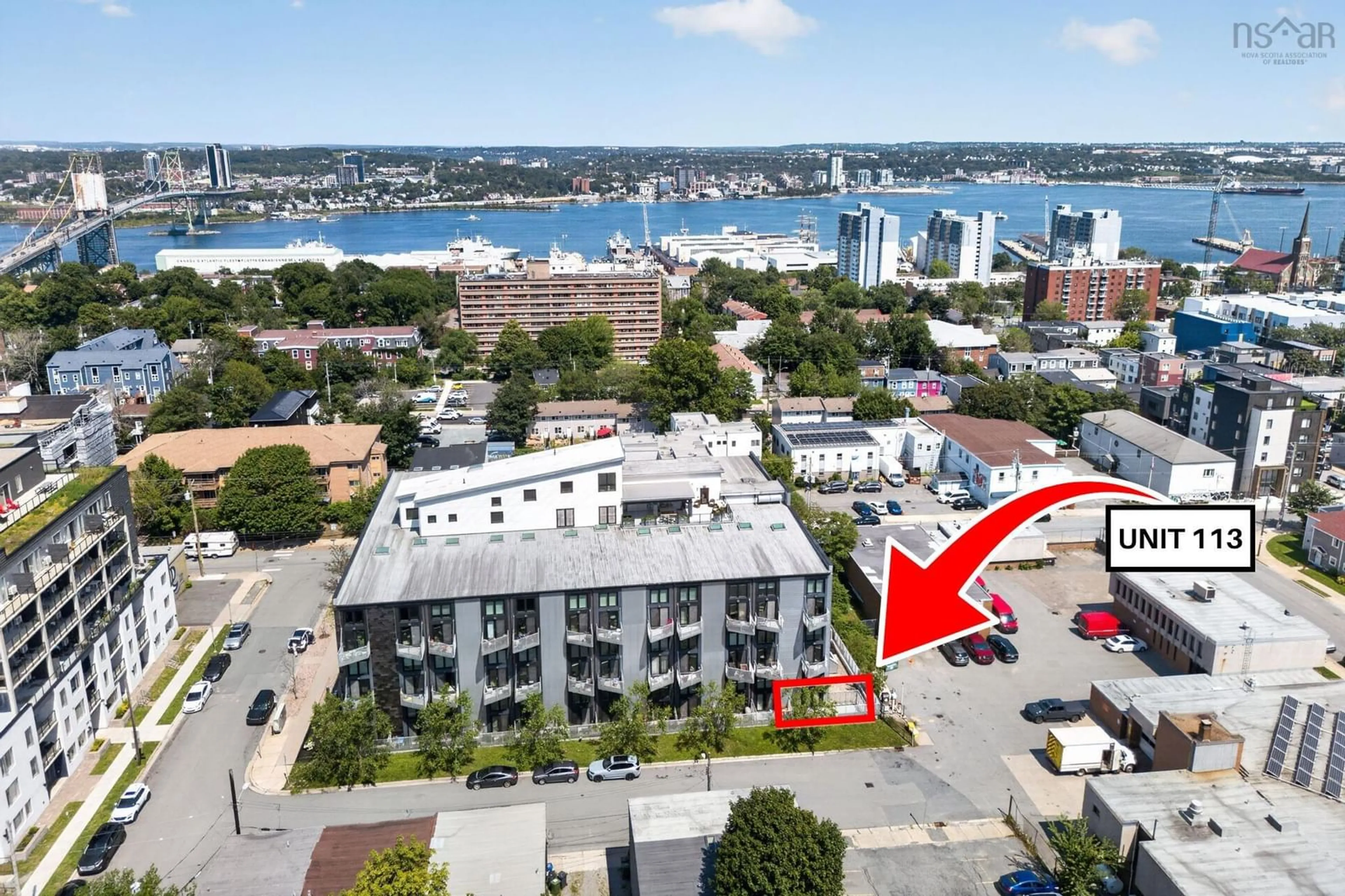 A pic from outside/outdoor area/front of a property/back of a property/a pic from drone, city buildings view from balcony for 5662 Roberts St #113, Halifax Nova Scotia B3K 0E3