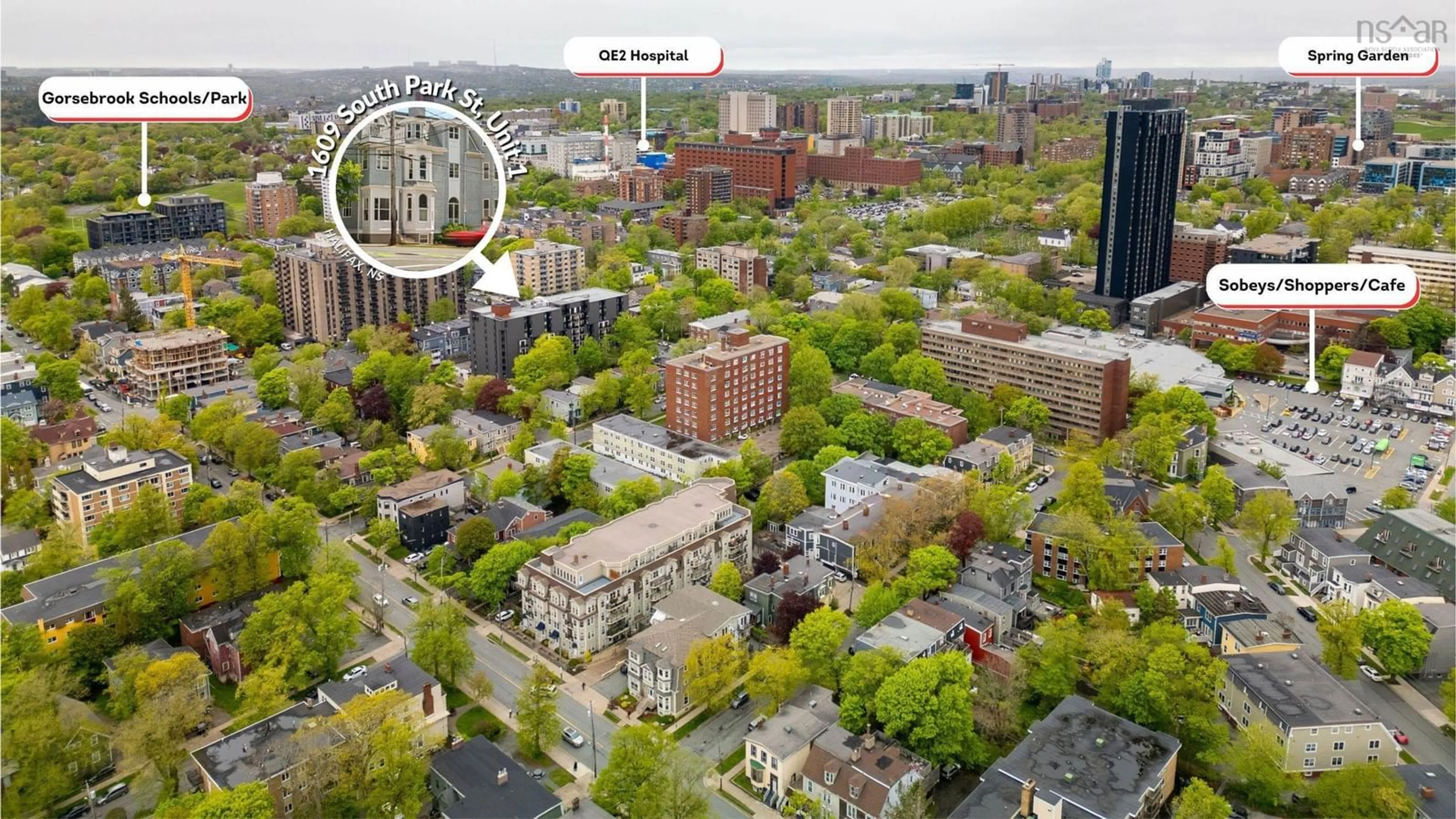 A pic from outside/outdoor area/front of a property/back of a property/a pic from drone, city buildings view from balcony for 1069 South Park St #1, Halifax Nova Scotia B3H 2W5