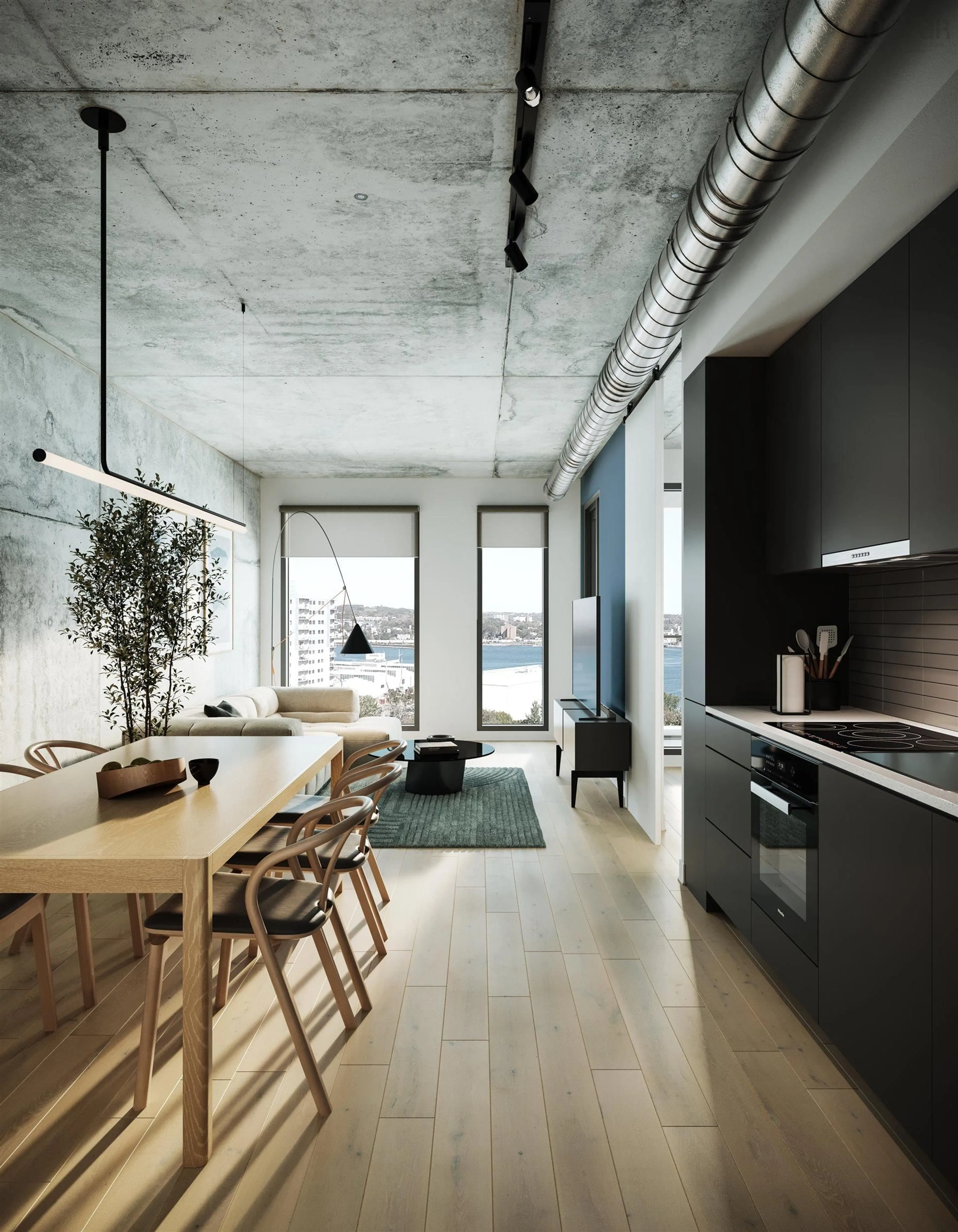 Open concept kitchen, cement floor for 2250 Maitland St #214, Halifax Nova Scotia B3K 2Z9