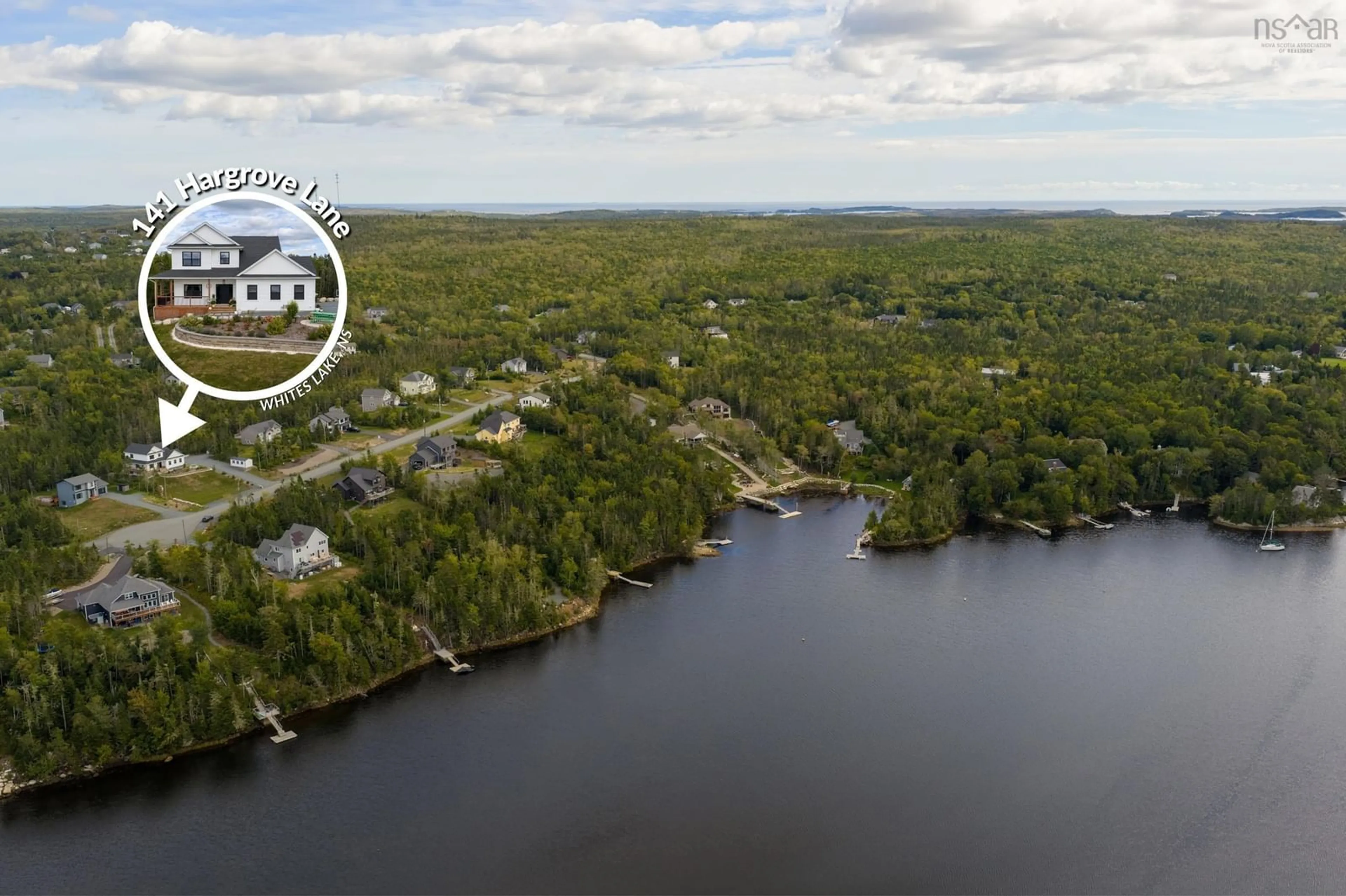 A pic from outside/outdoor area/front of a property/back of a property/a pic from drone, water/lake/river/ocean view for 141 Hargrove Lane, Whites Lake Nova Scotia B3T 0H8