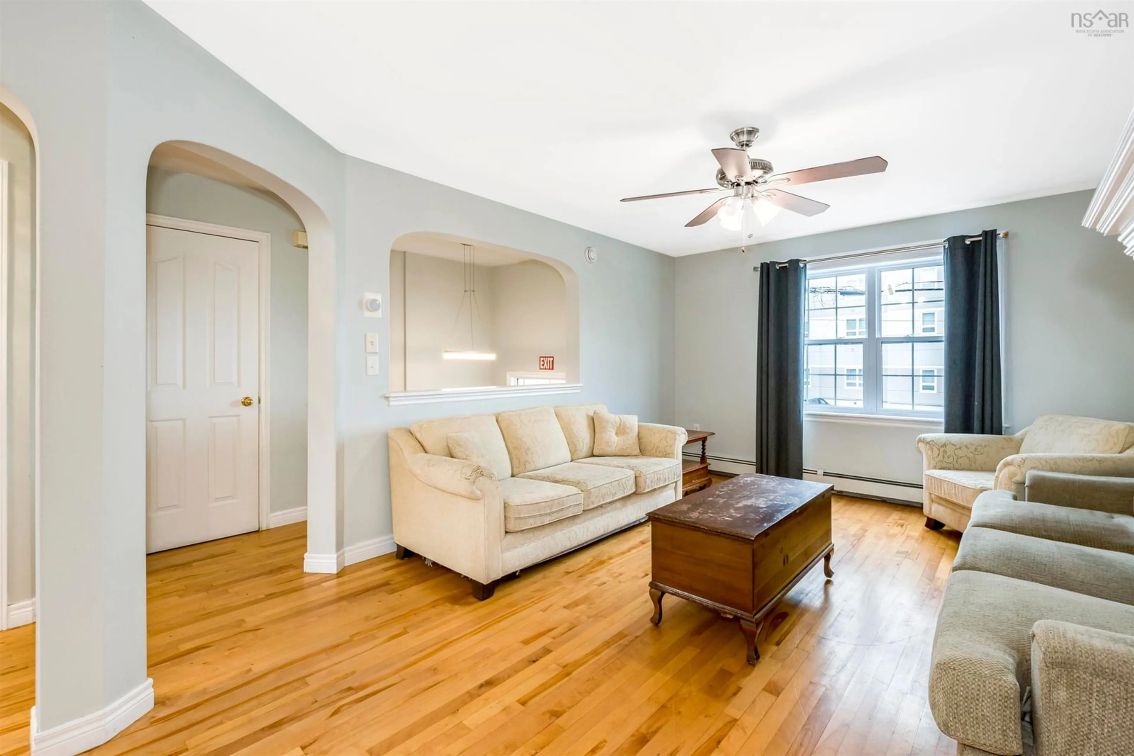 Living room with furniture, wood/laminate floor for 16 Prestwick Close, Halifax Nova Scotia B3S 1M4