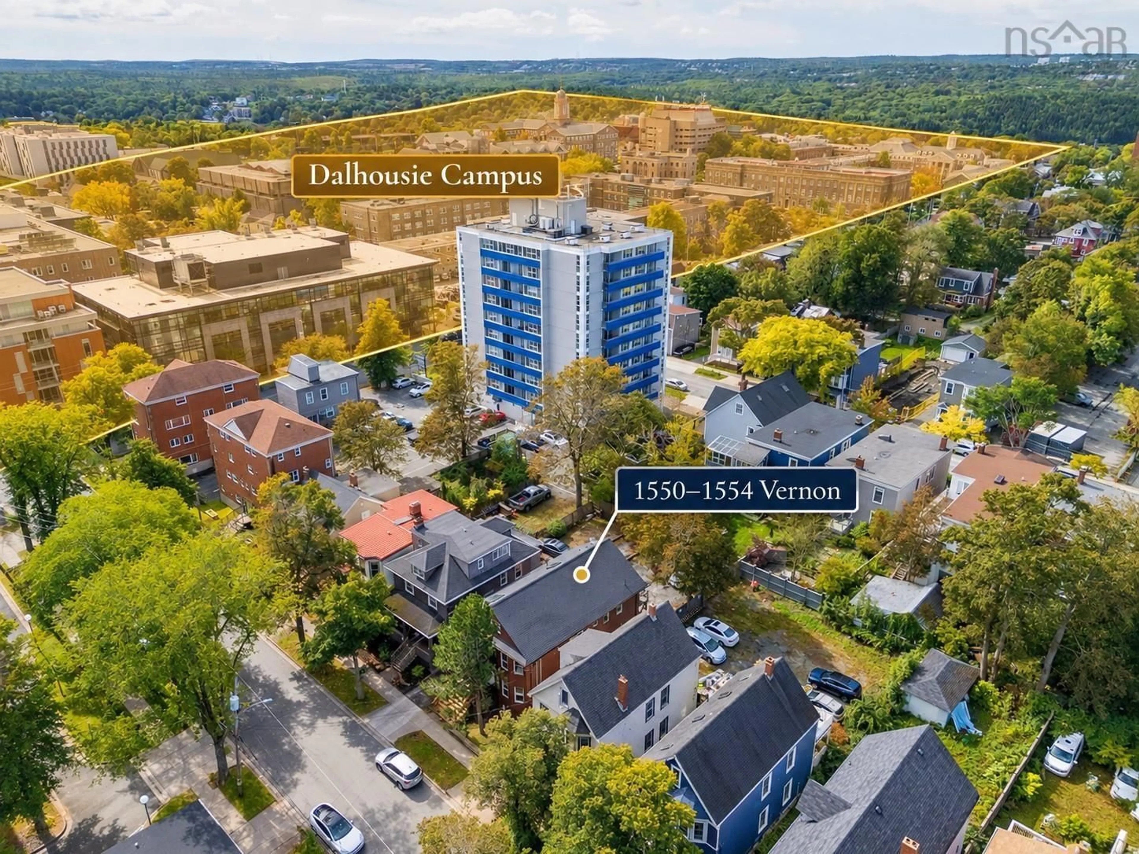 A pic from outside/outdoor area/front of a property/back of a property/a pic from drone, city buildings view from balcony for 1550-1554 Vernon Street St, Halifax Nova Scotia B3H 3M7