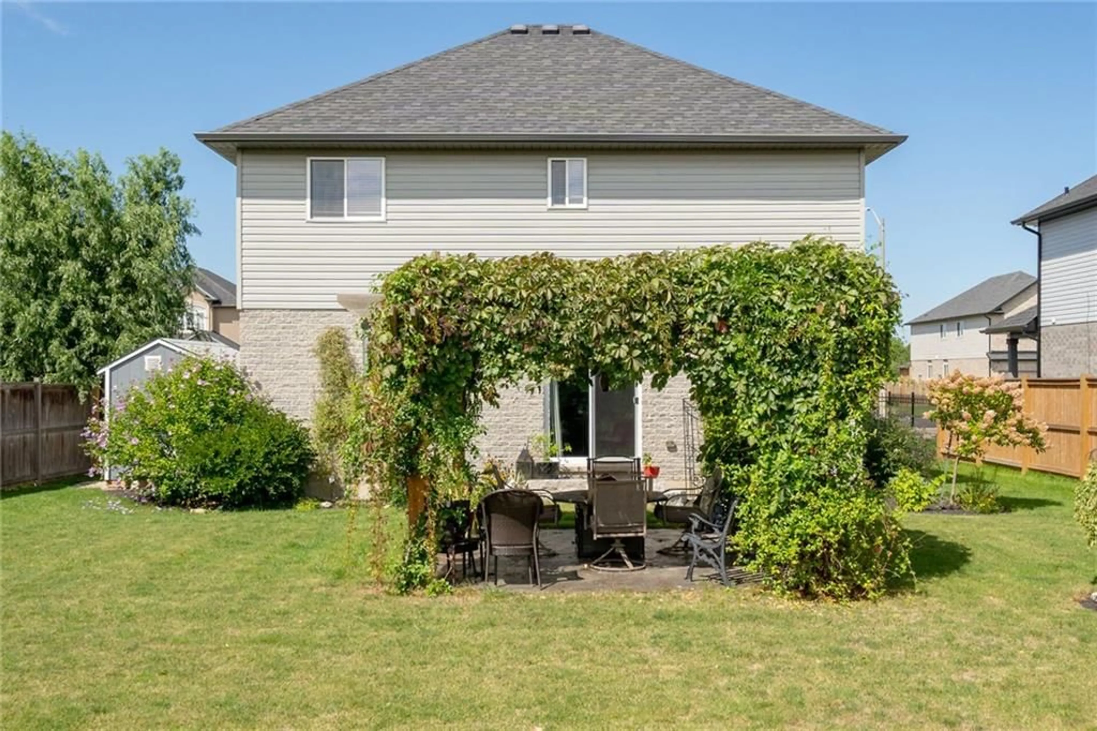 Patio, the fenced backyard for 34 HUDSON Dr, Cayuga Ontario N0A 1E0