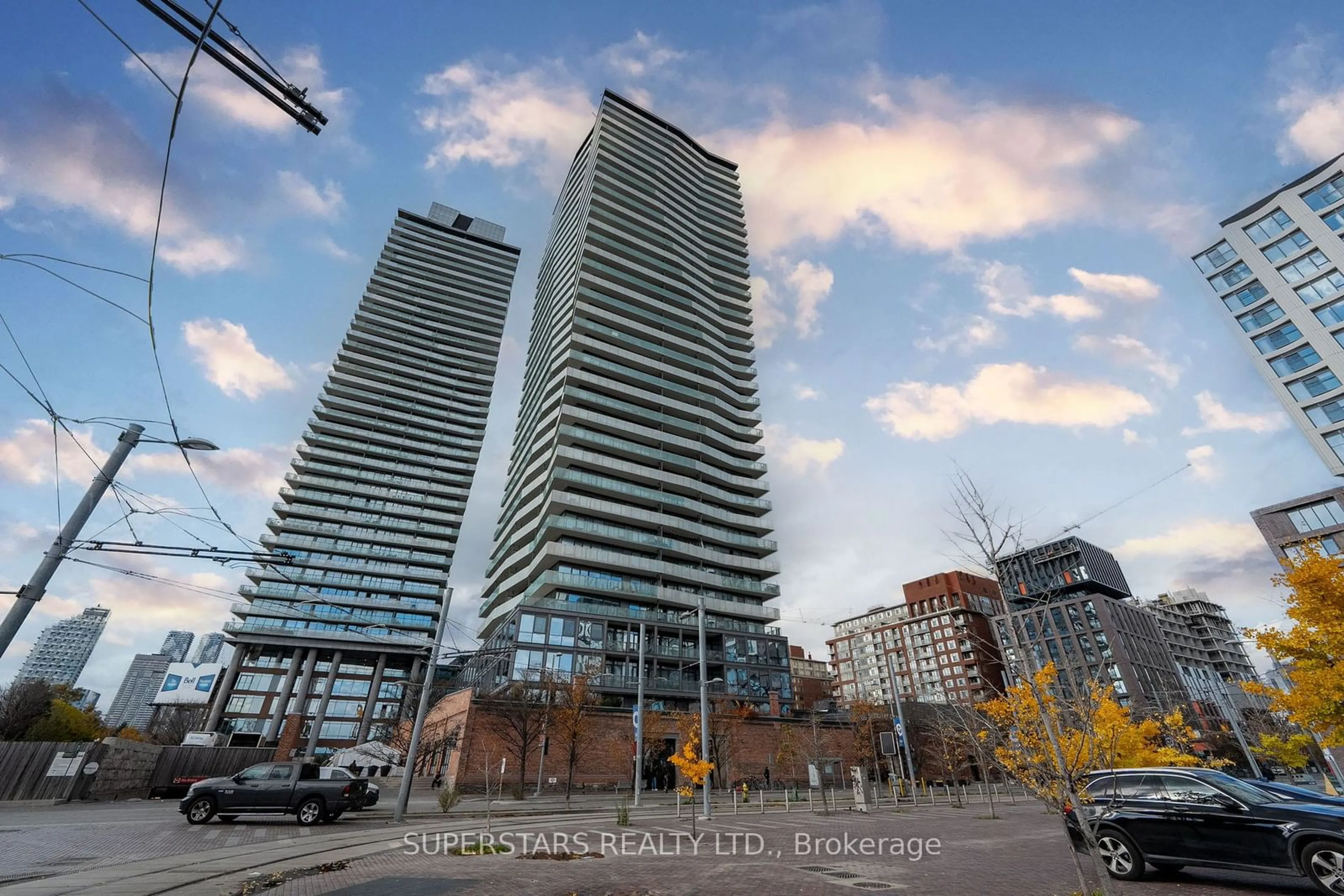 A pic from exterior of the house or condo, the view of city buildings for 390 Cherry St #709, Toronto Ontario M5A 0E2