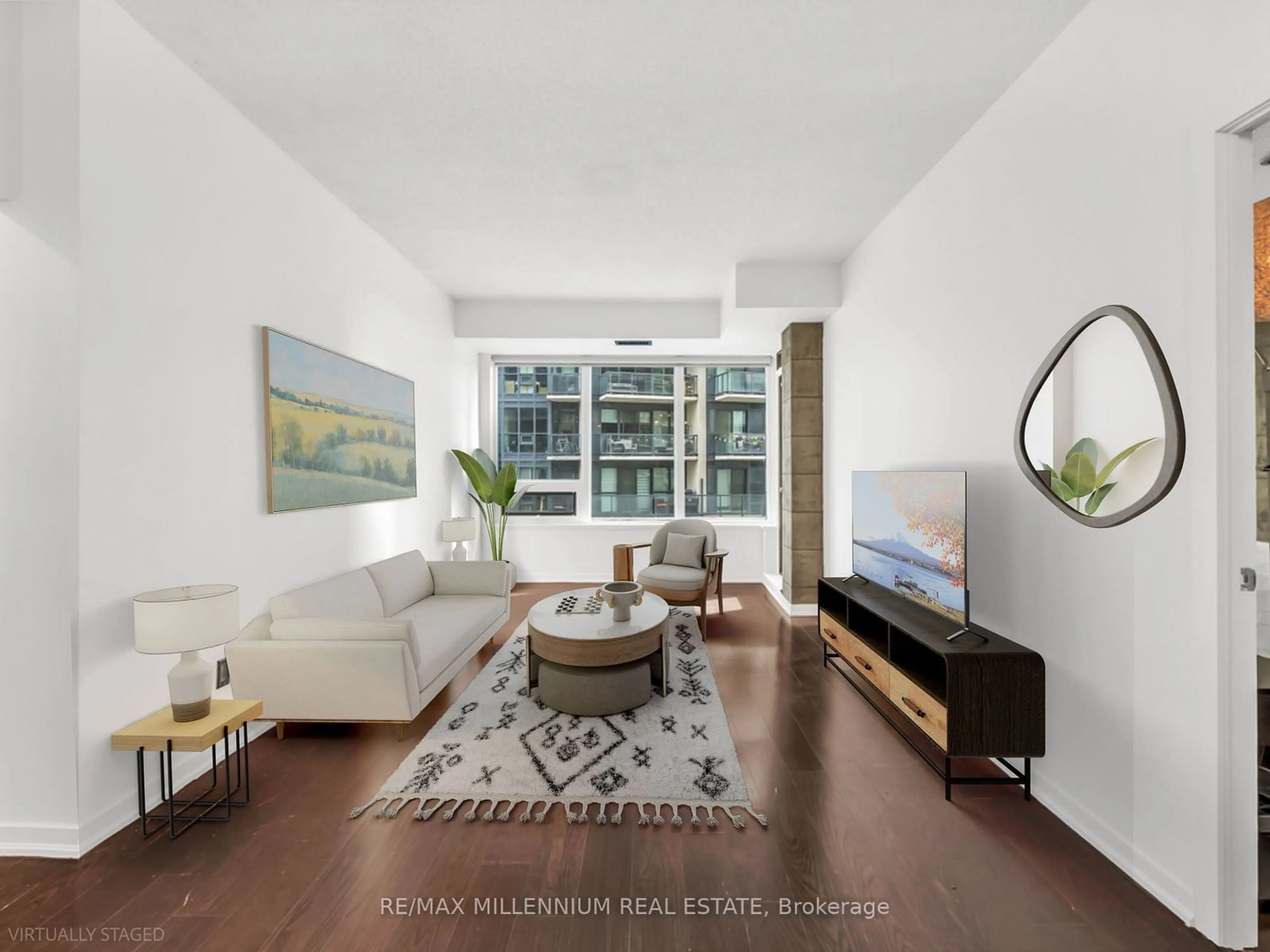 Living room, wood floors for 55 East Liberty St #1404, Toronto Ontario M6K 3P9