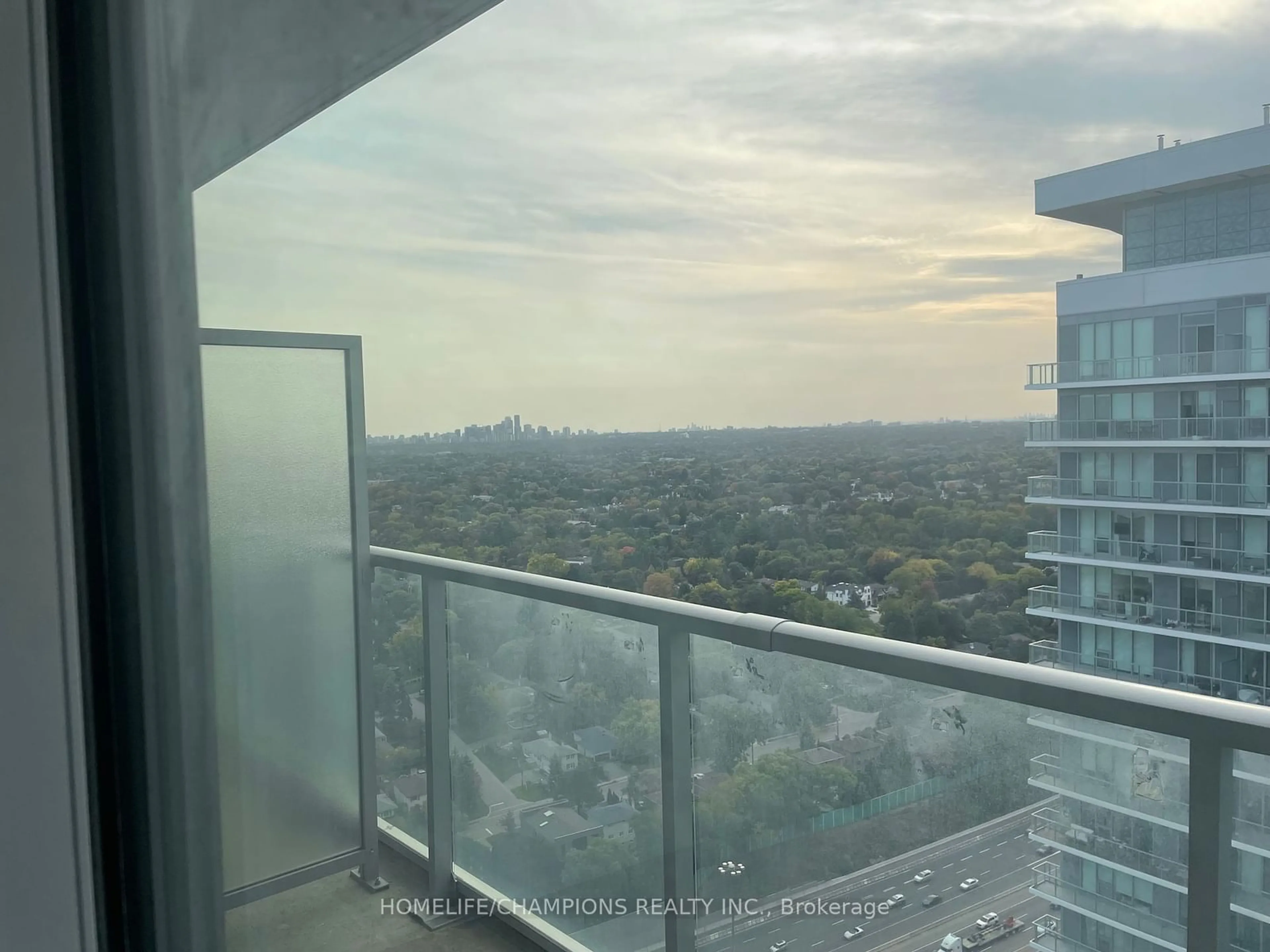 Balcony in the apartment, the view of city buildings for 117 McMahon Dr #3905, Toronto Ontario M2K 0E4