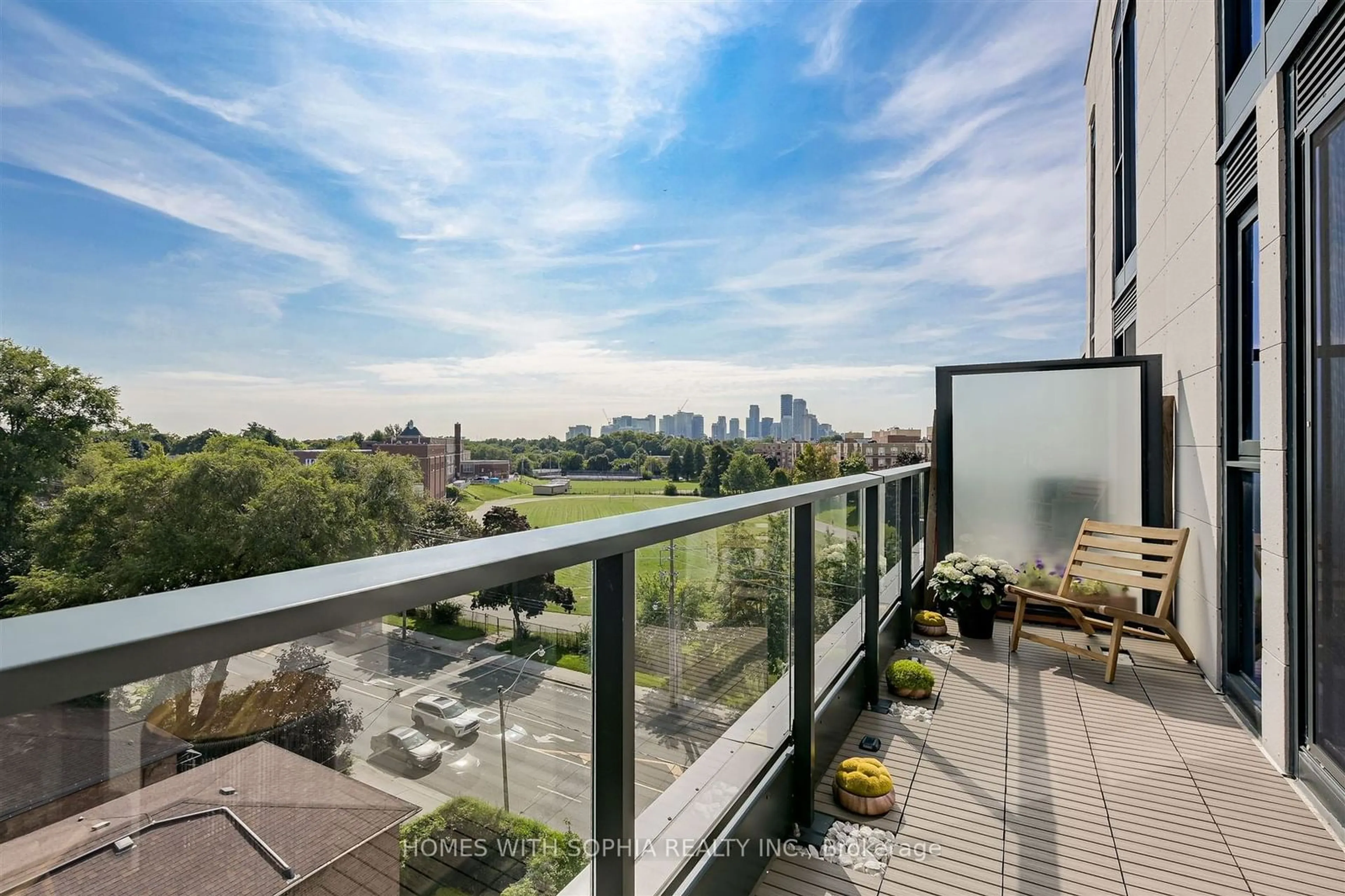 Balcony in the apartment, the view of city buildings for 250 Lawrence Ave #607, Toronto Ontario M5M 1B2