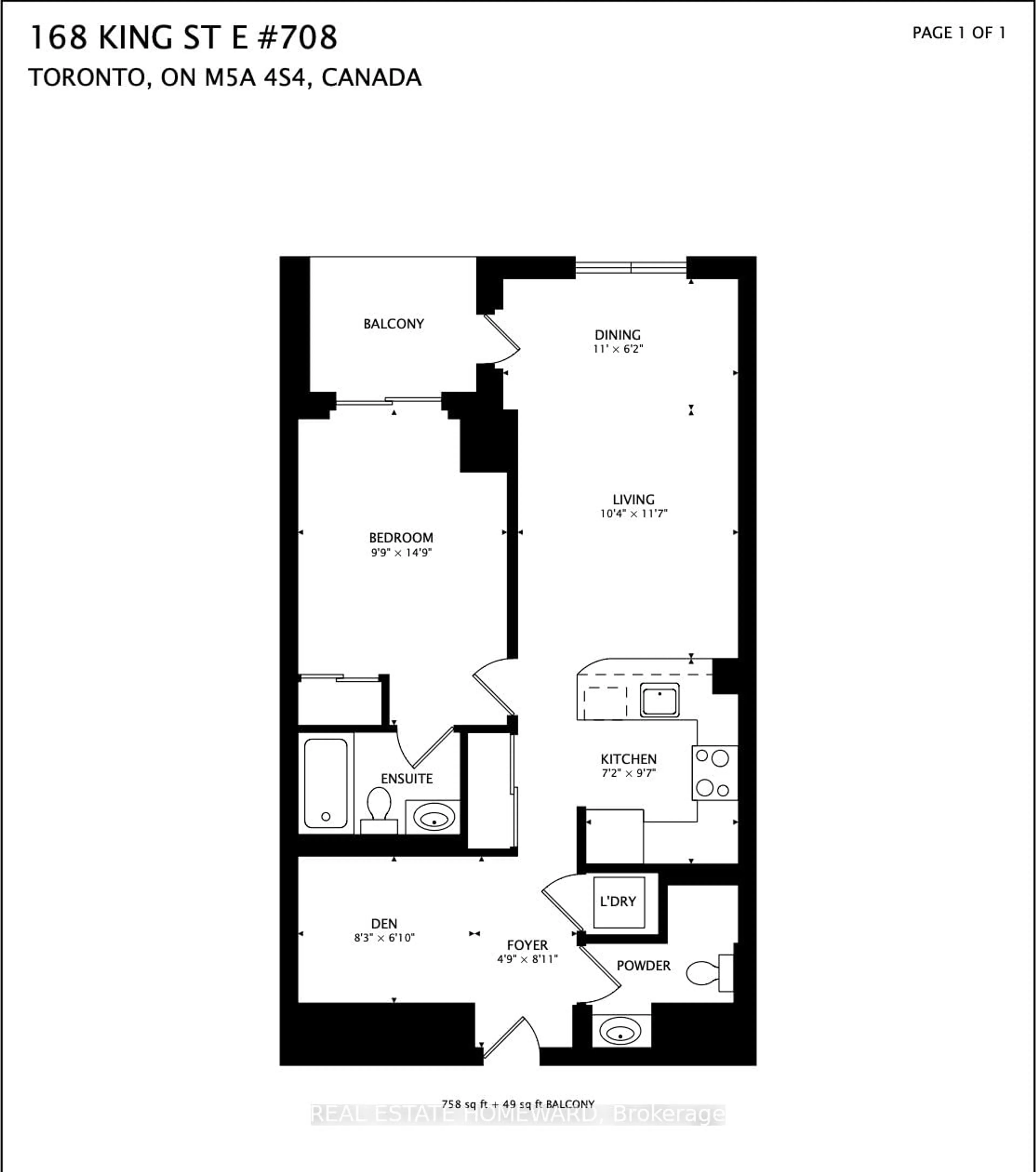 Floor plan for 168 King St #708, Toronto Ontario M5A 4S4