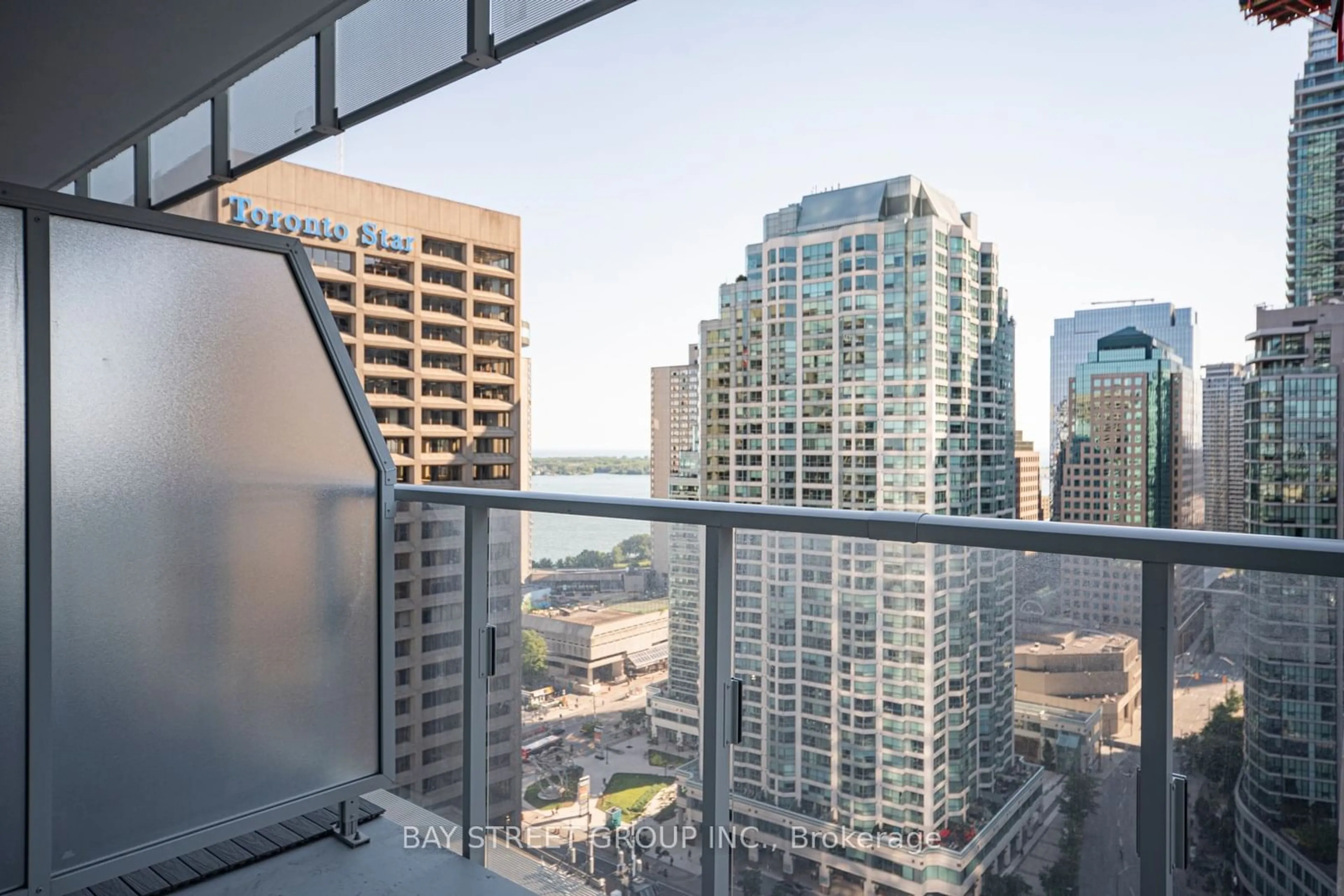 Balcony in the apartment, the view of city buildings for 28 Freeland St #2103, Toronto Ontario M5E 0E3