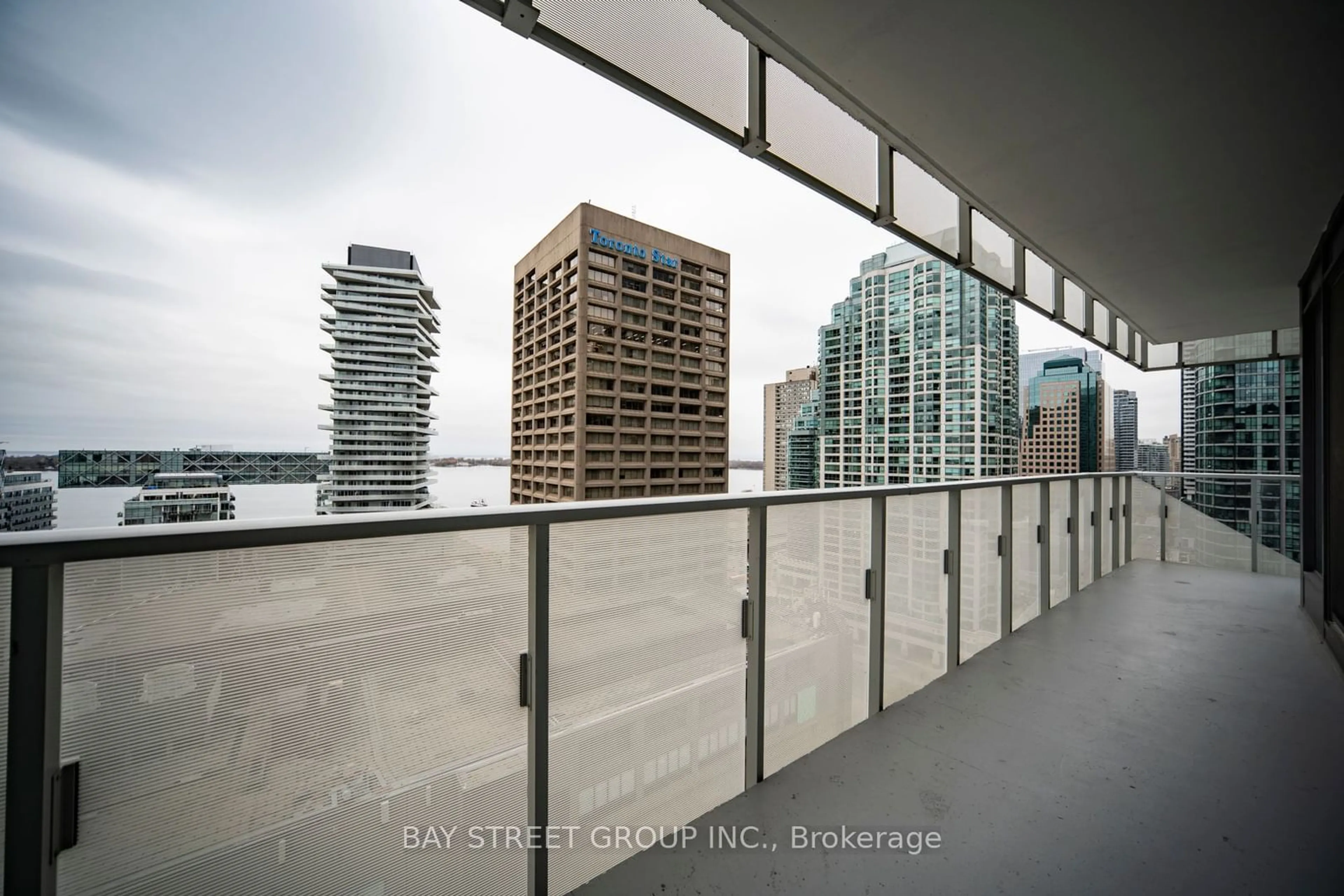 Balcony in the apartment, the view of city buildings for 28 Freeland St #1502, Toronto Ontario M5E 0E3