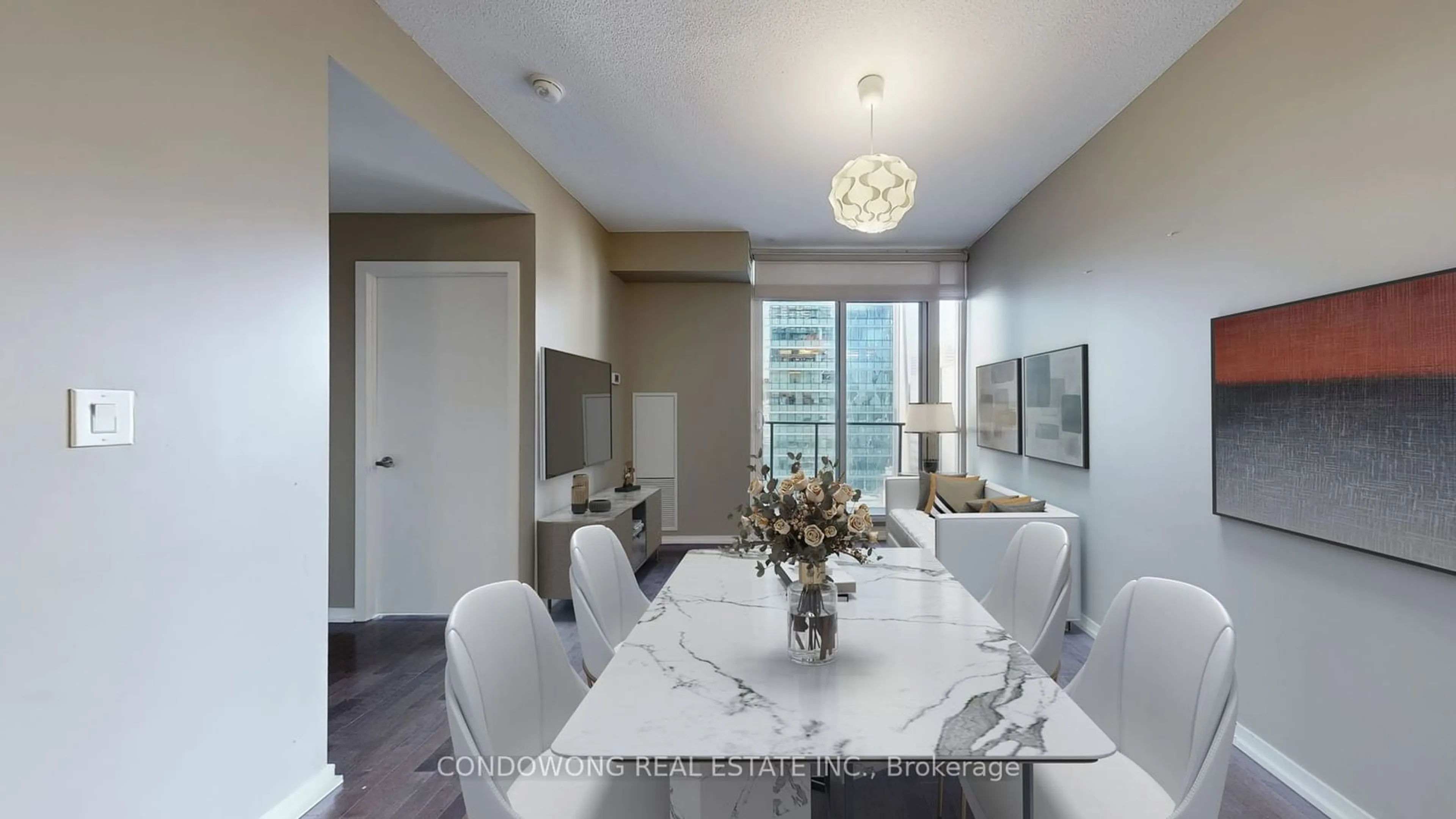 Dining room, wood floors, mountain for 65 Bremner Blvd #3402, Toronto Ontario M5J 0A7