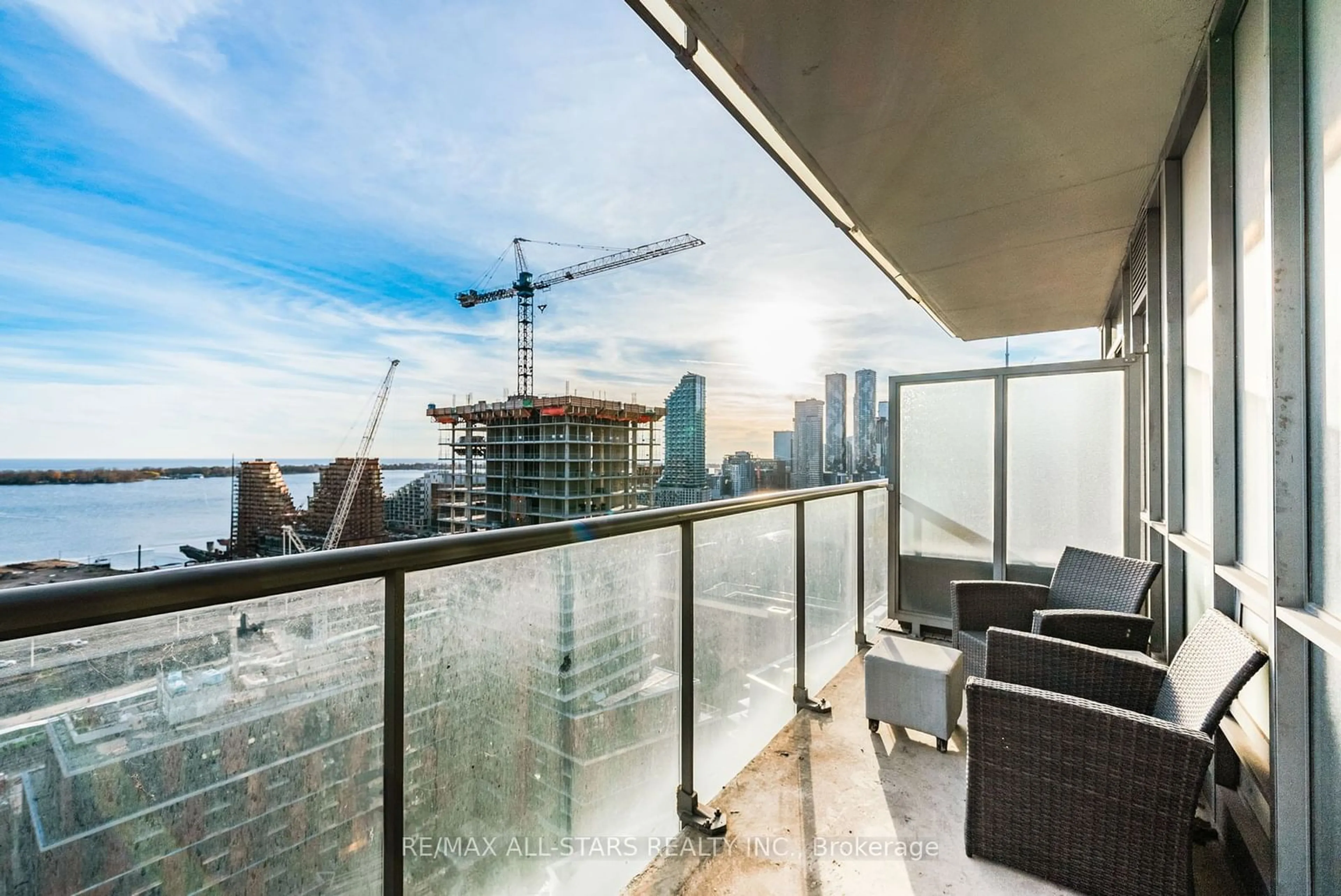 Balcony in the apartment, the view of city buildings for 33 Mill St #2105, Toronto Ontario M5A 3R3