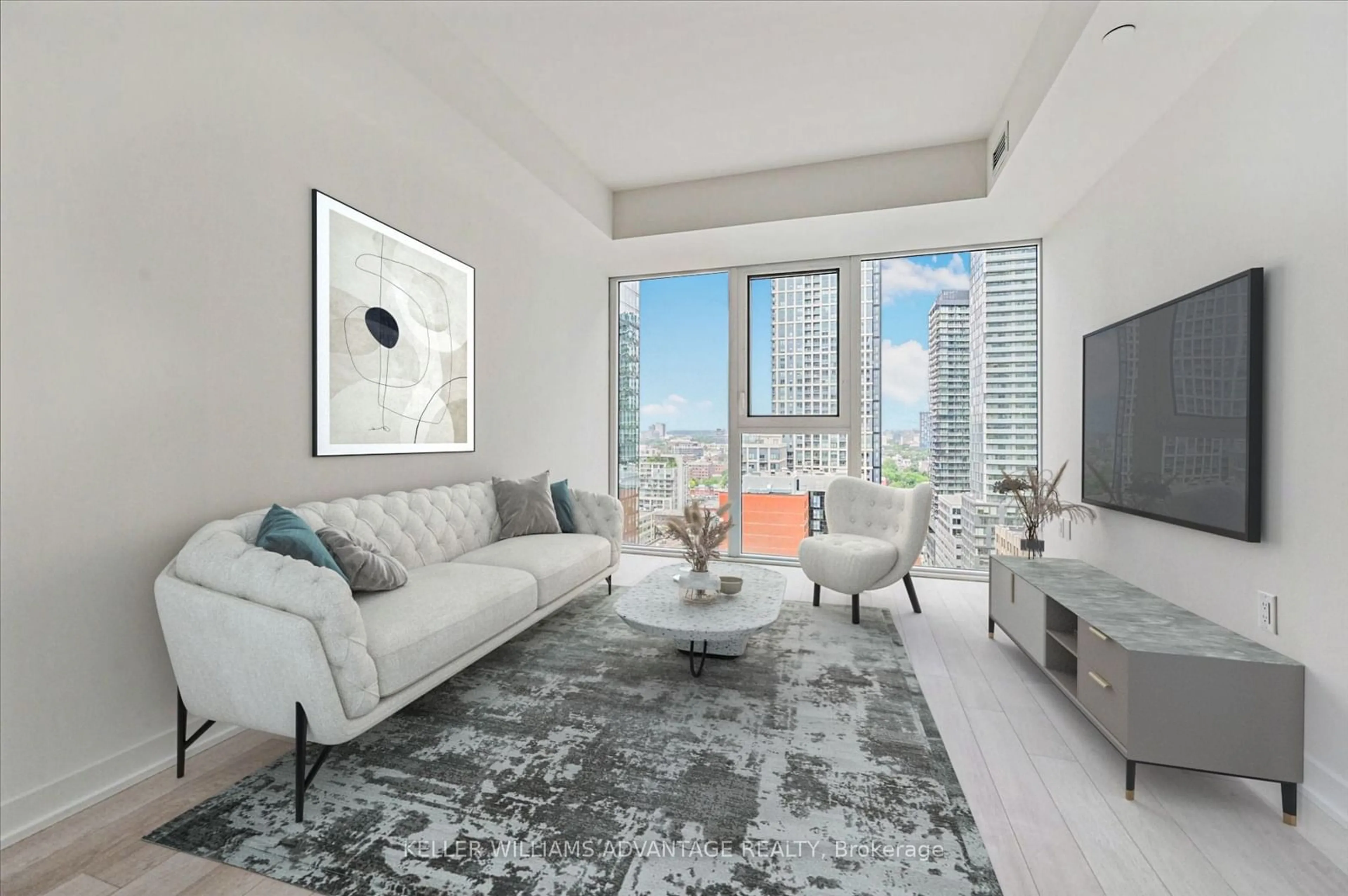 Living room, carpet floors for 357 King St #1502, Toronto Ontario M5V 0S7