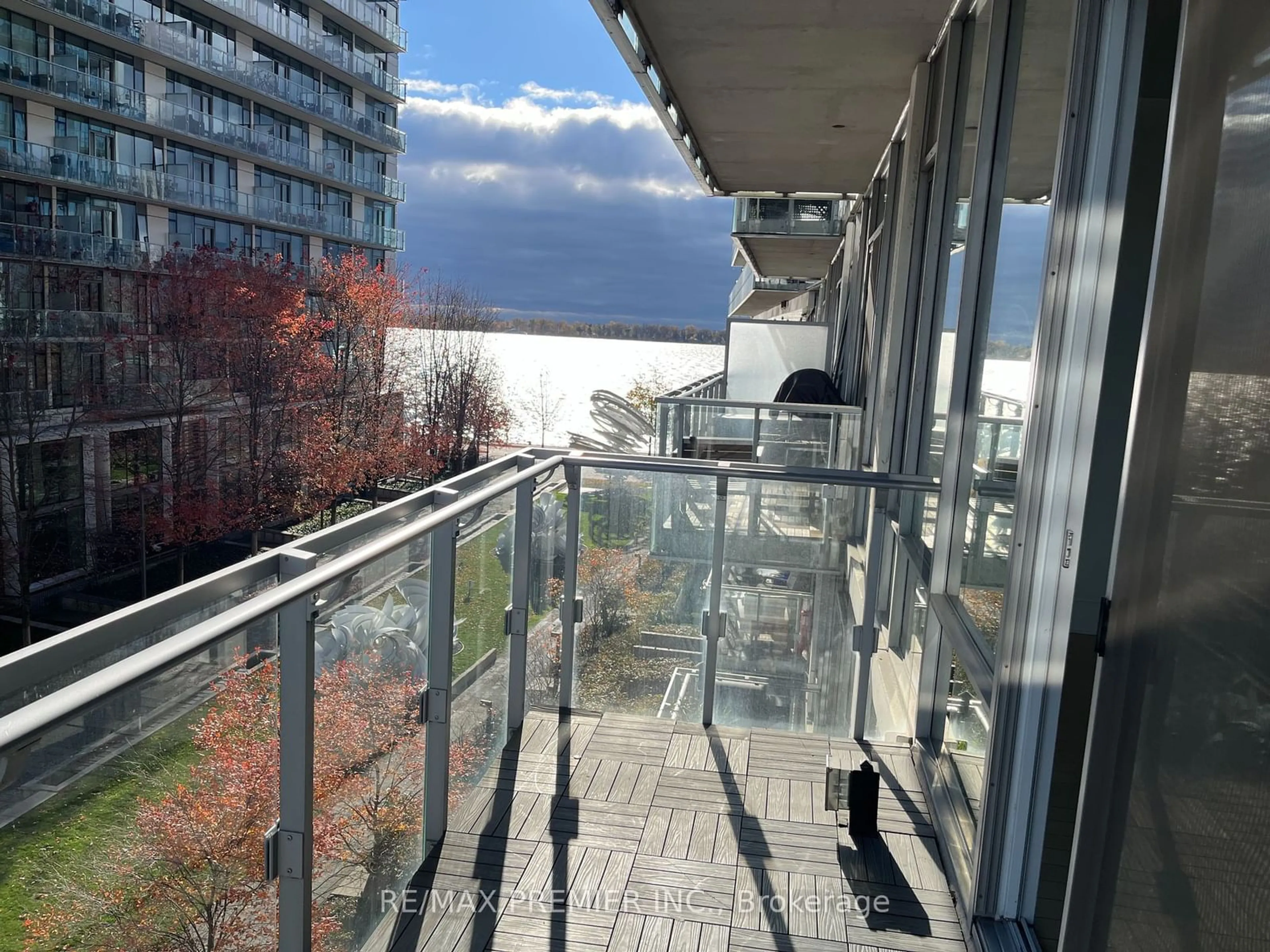 Balcony in the apartment, city buildings view from balcony for 29 Queens Quay #421, Toronto Ontario M5E 0A4