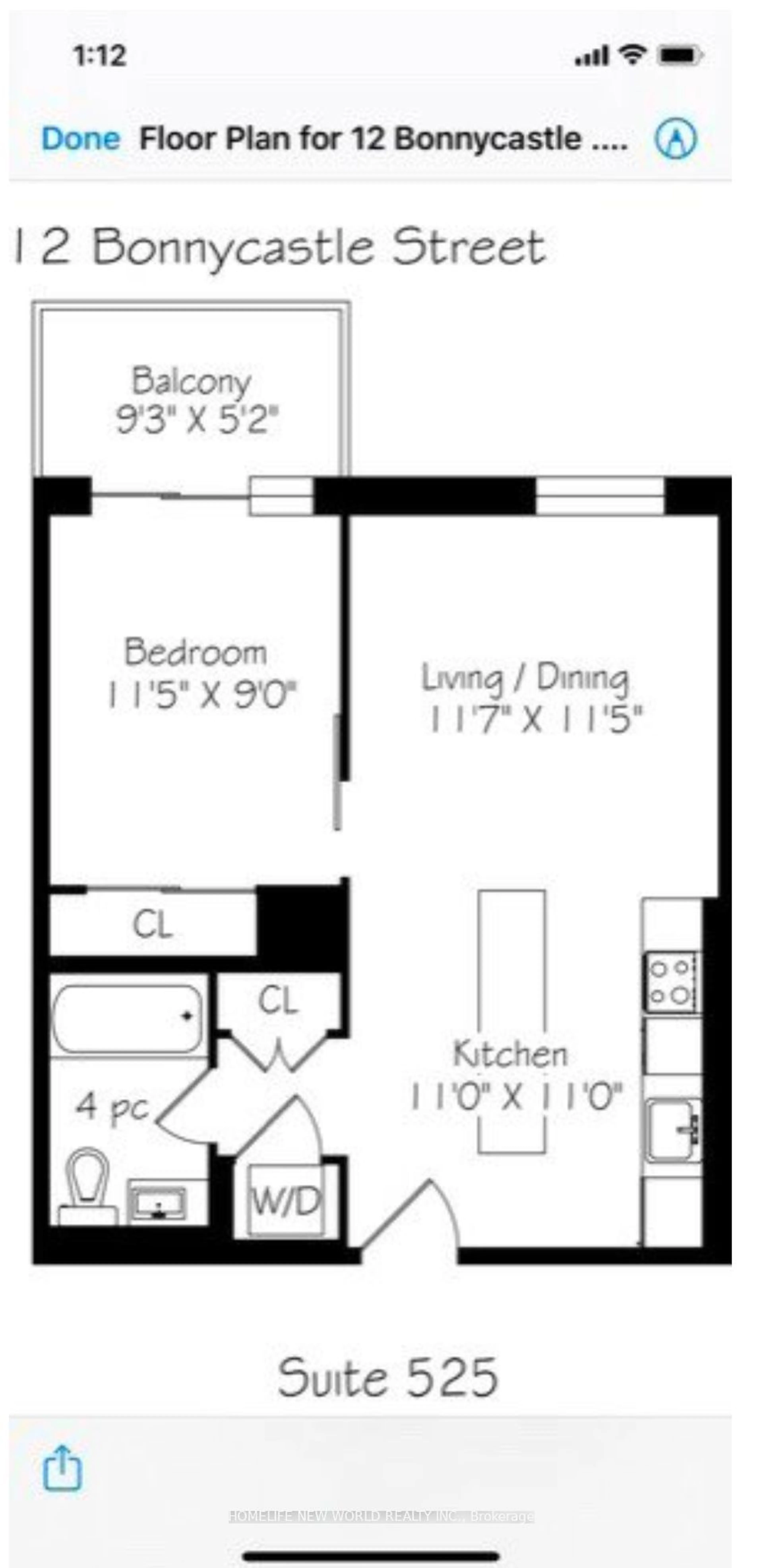 Floor plan for 12 Bonnycastle St #525, Toronto Ontario M5A 0C8