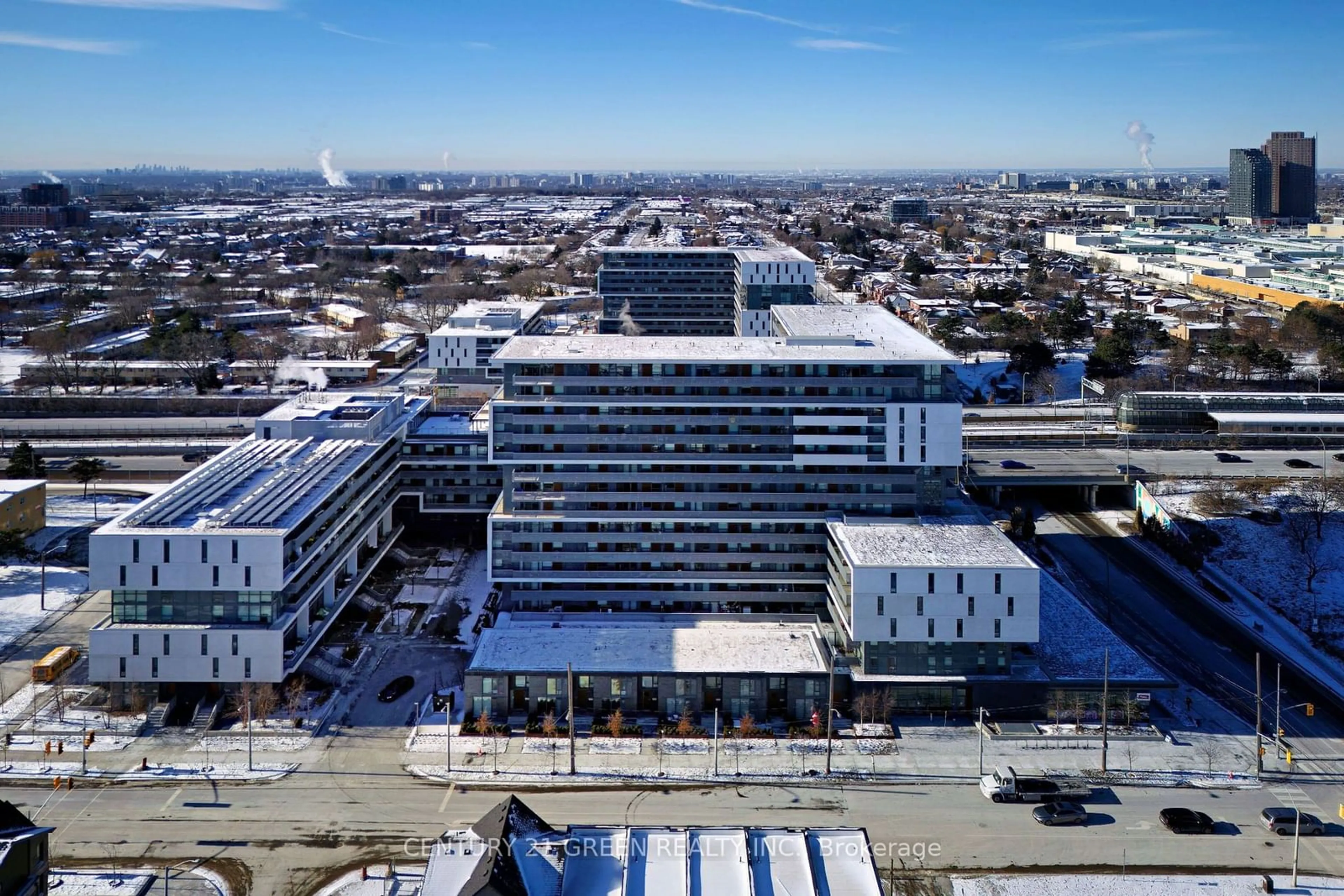 A pic from outside/outdoor area/front of a property/back of a property/a pic from drone, city buildings view from balcony for 120 Varna Dr #403, Toronto Ontario M6A 0B3