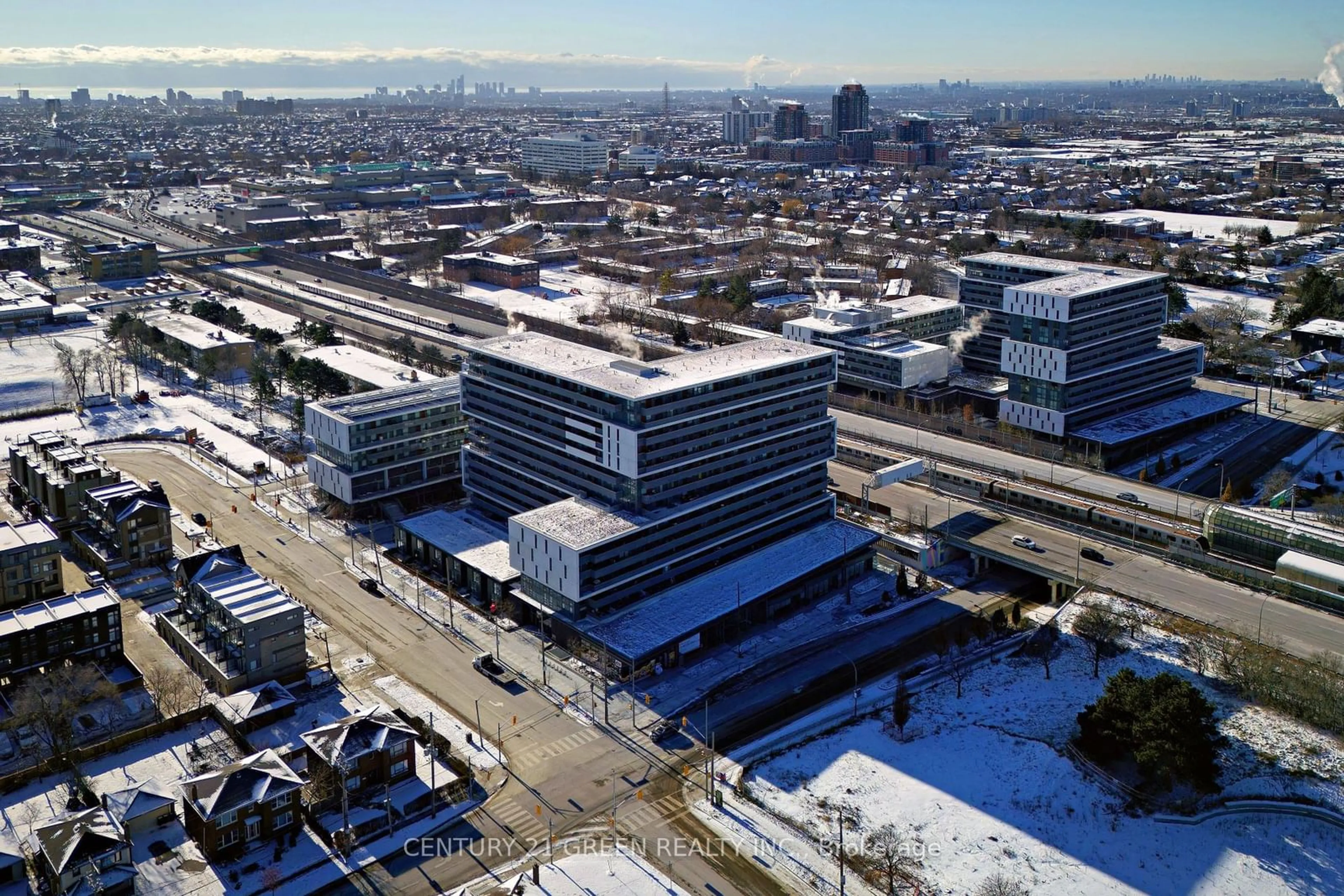 A pic from outside/outdoor area/front of a property/back of a property/a pic from drone, city buildings view from balcony for 120 Varna Dr #403, Toronto Ontario M6A 0B3