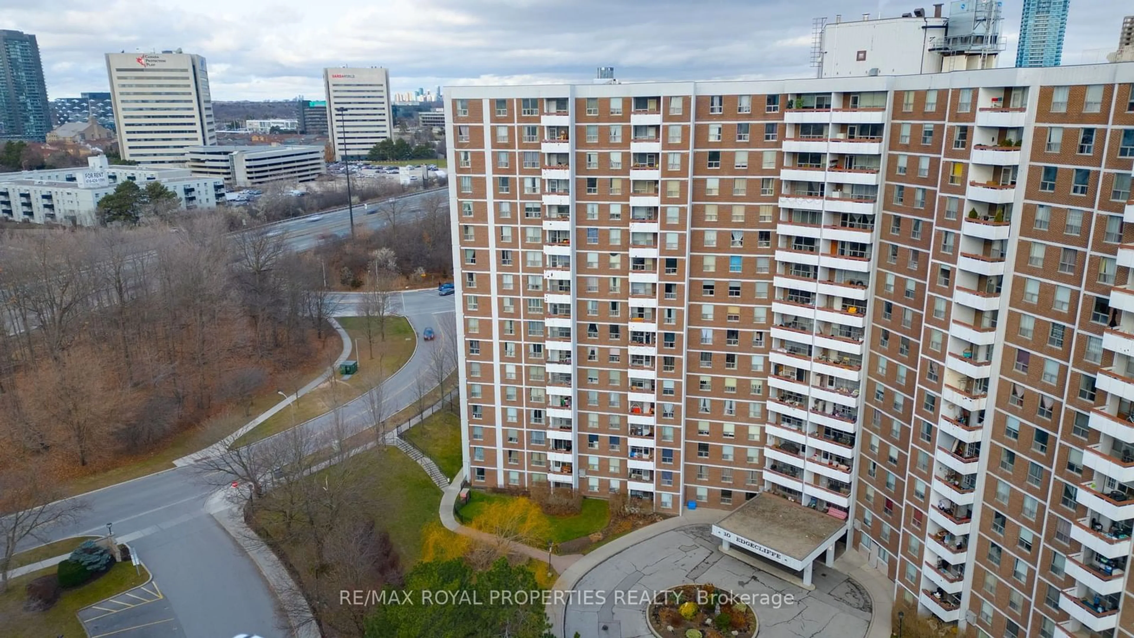 A pic from outside/outdoor area/front of a property/back of a property/a pic from drone, city buildings view from balcony for 10 Edgecliff Gfwy #309, Toronto Ontario M3C 3A3