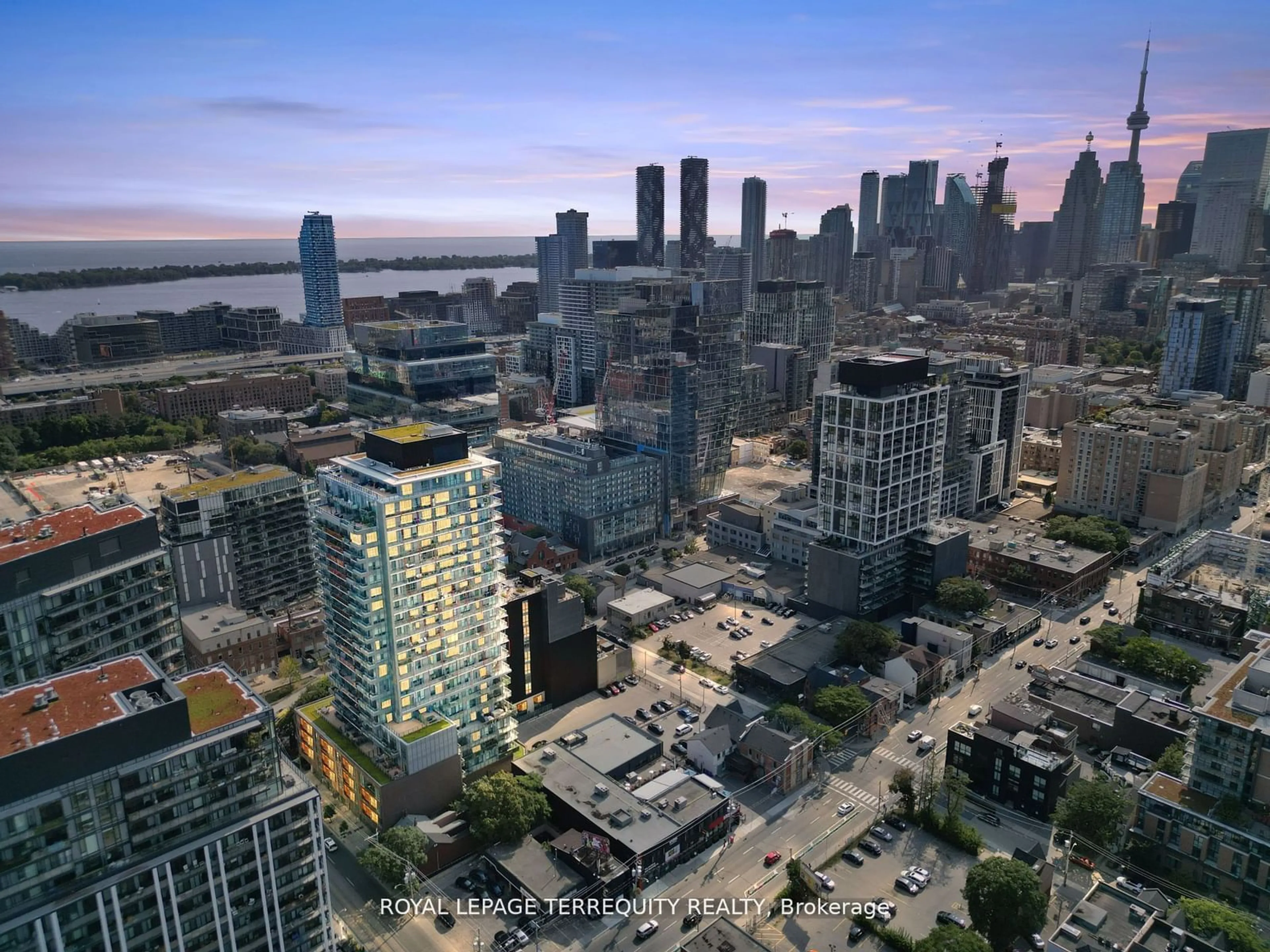 A pic from outside/outdoor area/front of a property/back of a property/a pic from drone, city buildings view from balcony for 120 Parliament St #1808, Toronto Ontario M5A 0N6