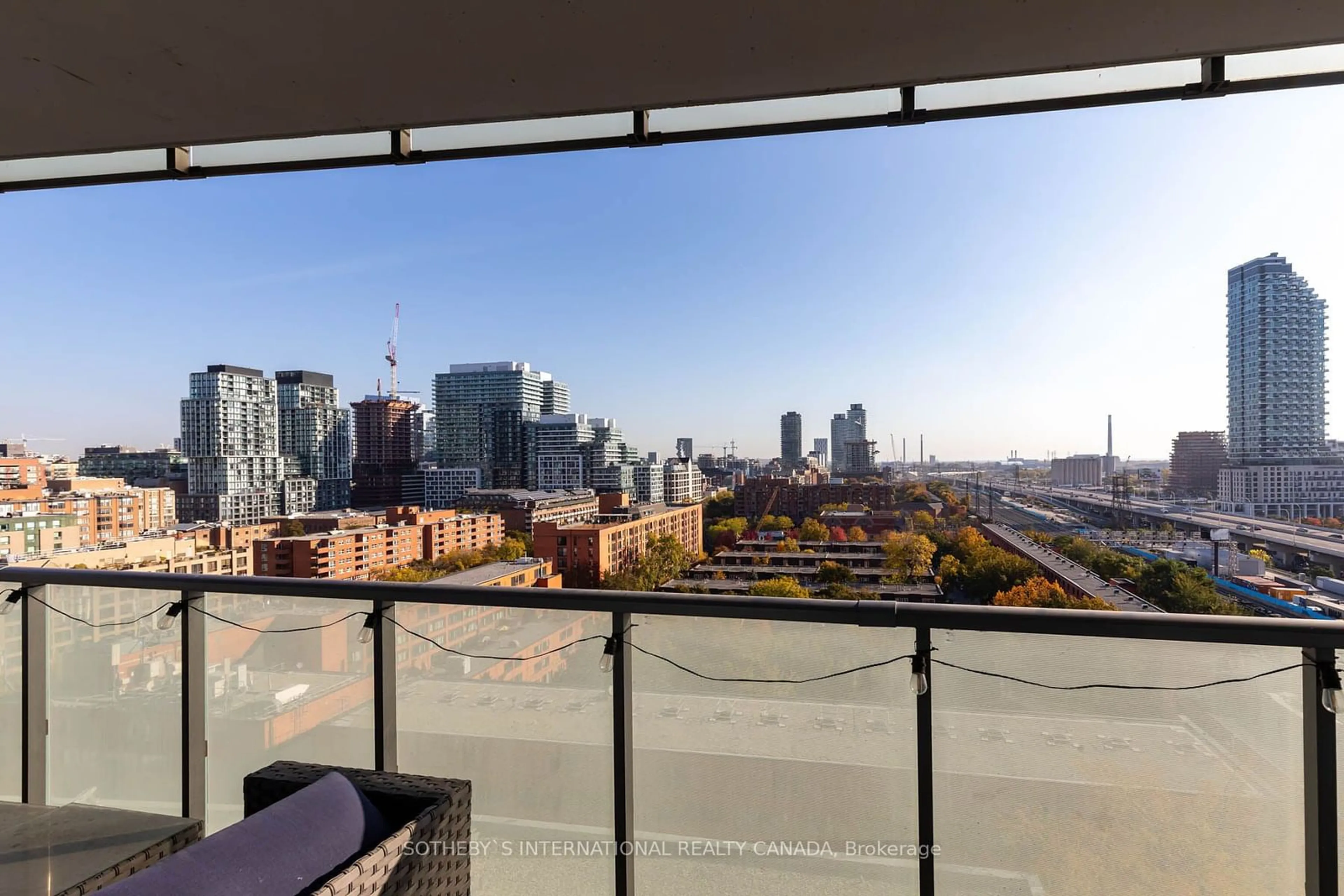 Balcony in the apartment, city buildings view from balcony for 1 Market St #1207, Toronto Ontario M5E 0A2