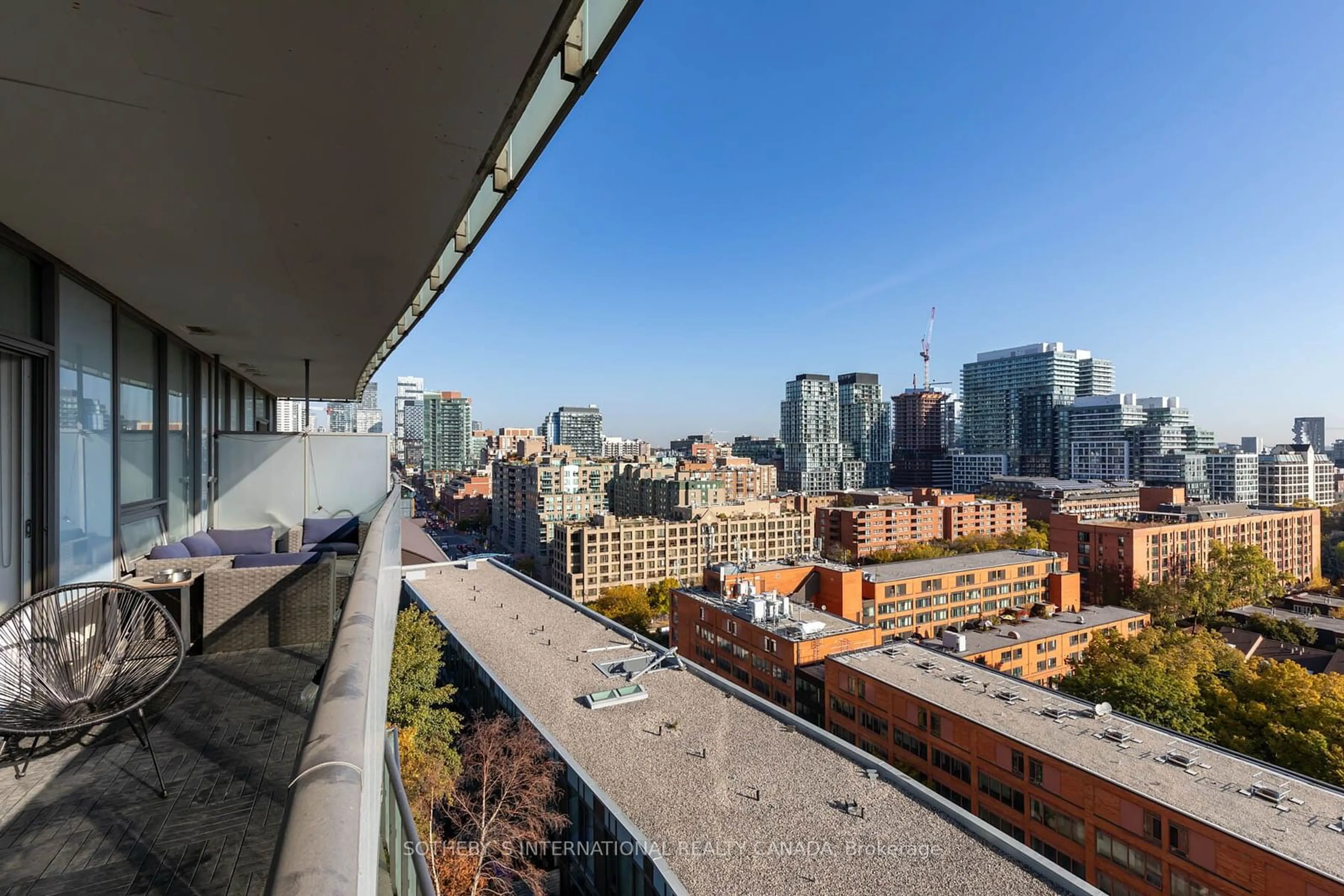 Balcony in the apartment, city buildings view from balcony for 1 Market St #1207, Toronto Ontario M5E 0A2