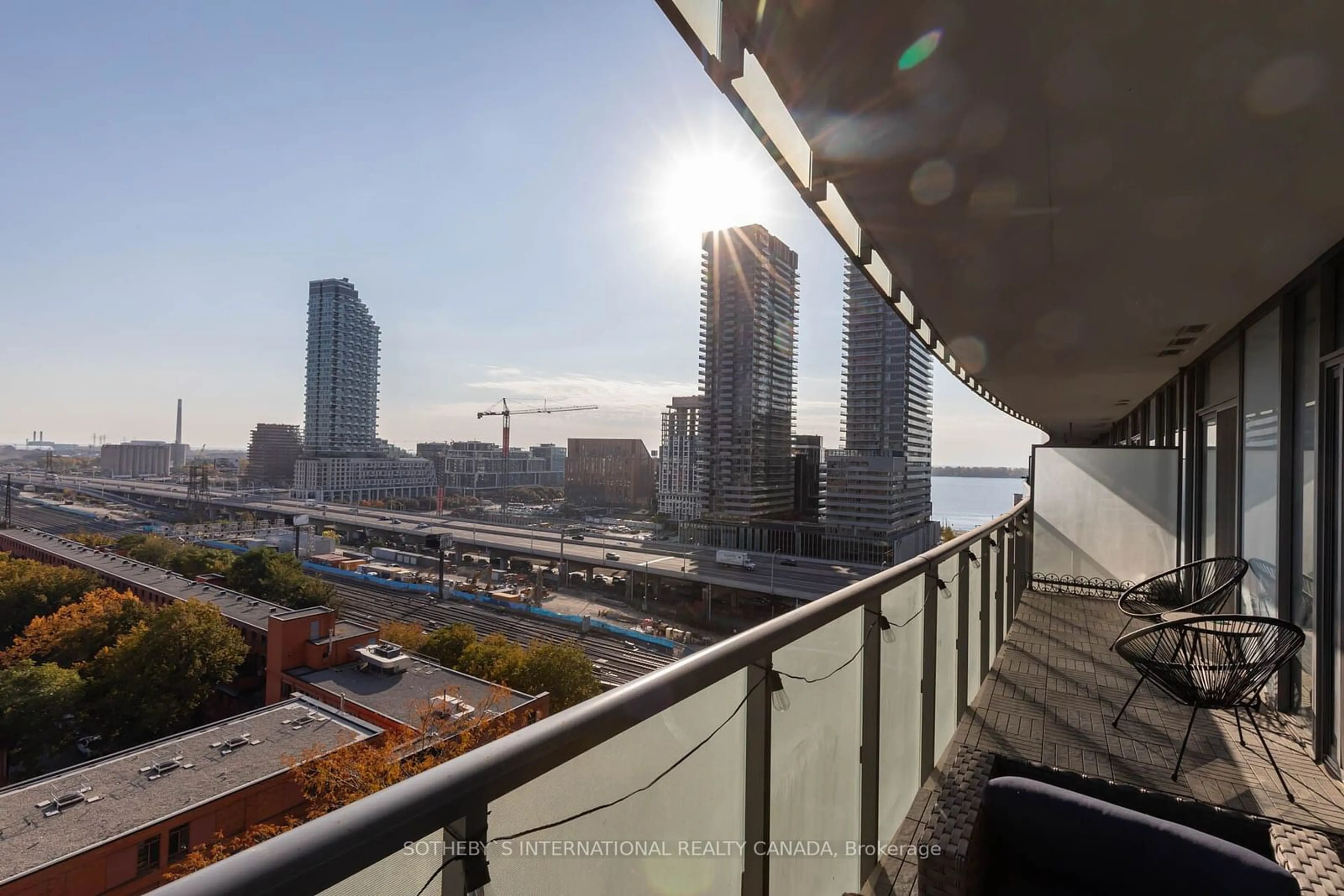 Balcony in the apartment, city buildings view from balcony for 1 Market St #1207, Toronto Ontario M5E 0A2