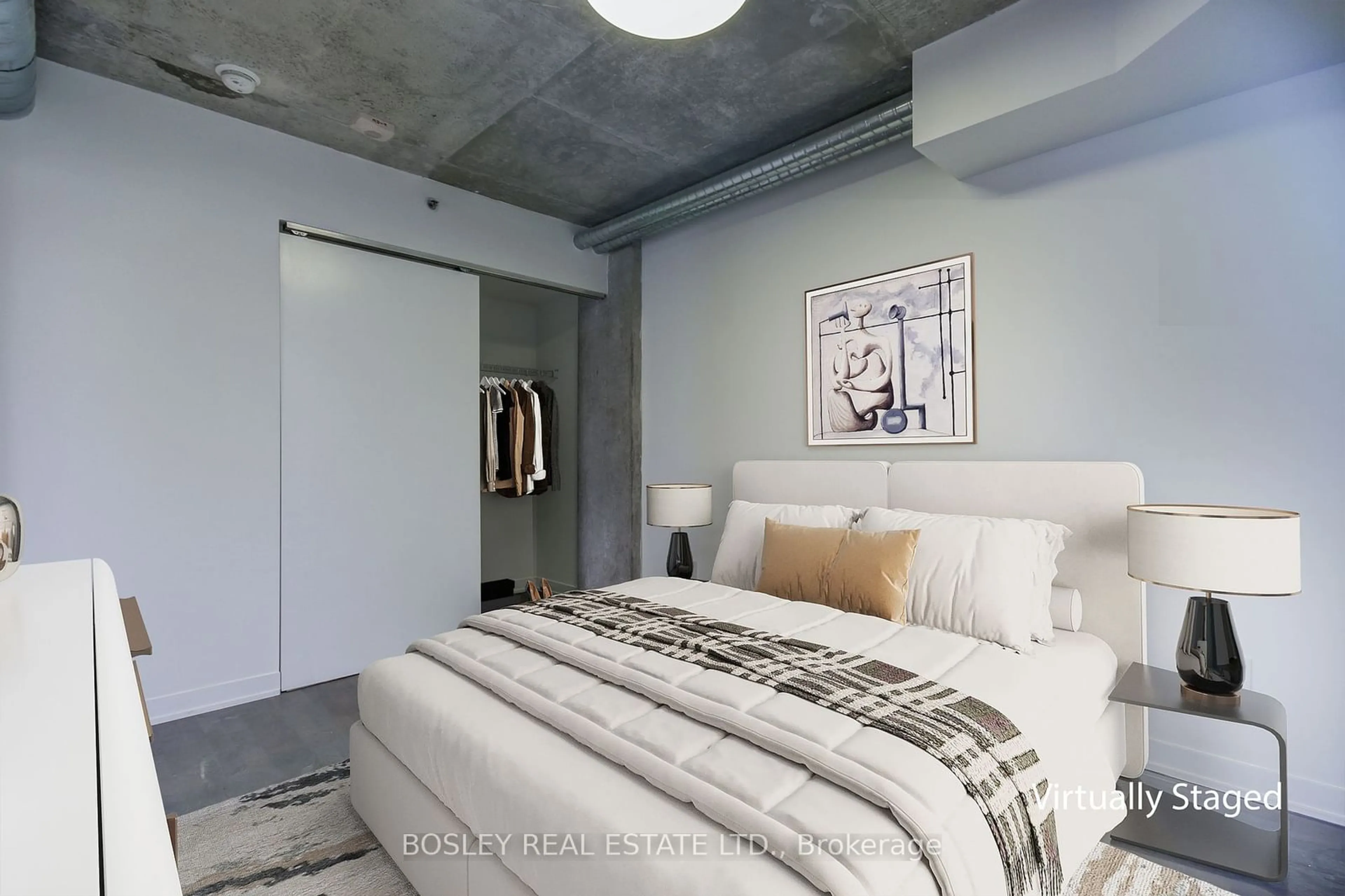 Bedroom with bed, cement floor for 109 Wolseley St #401, Toronto Ontario M6J 1K1