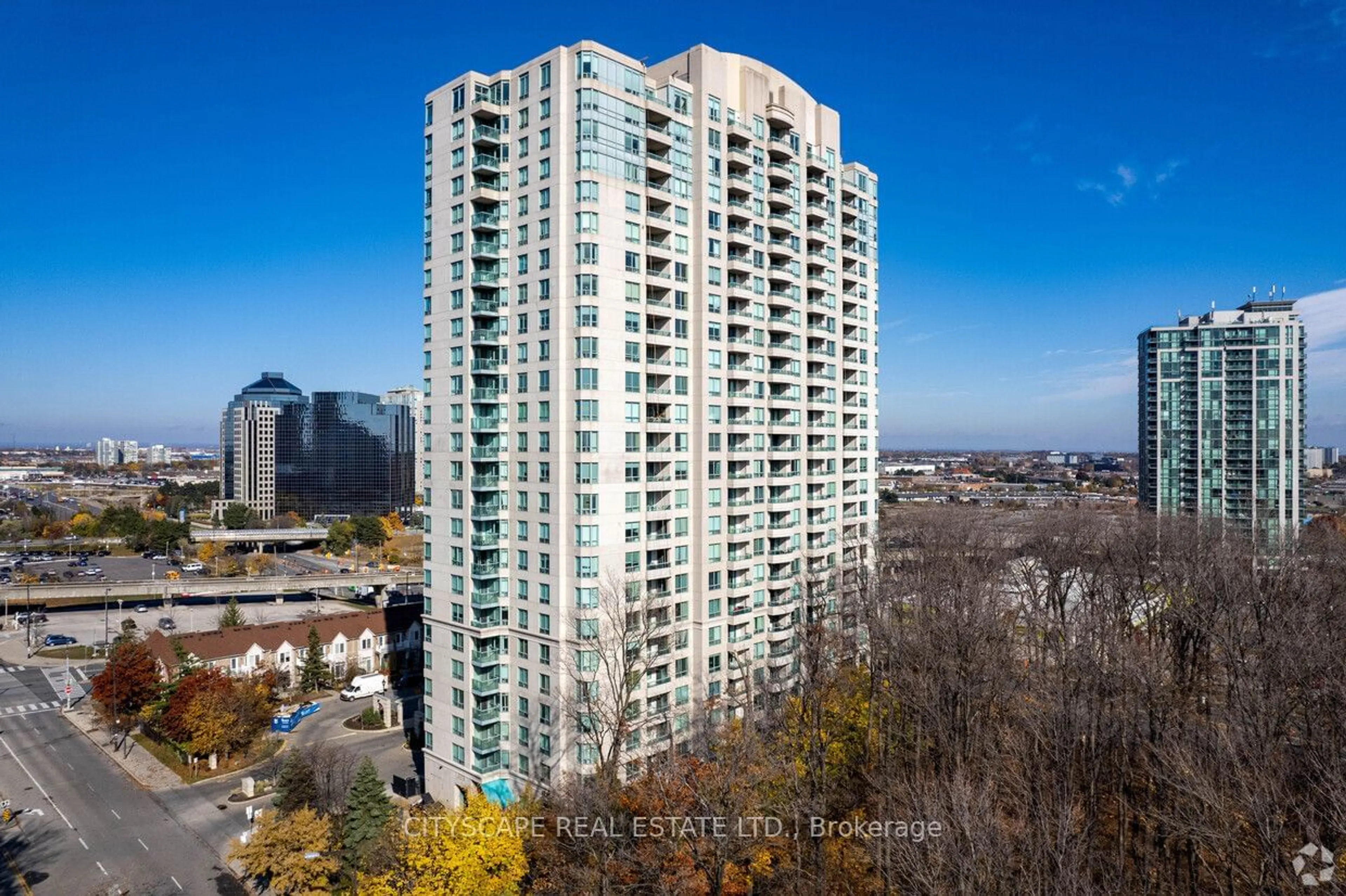 A pic from outside/outdoor area/front of a property/back of a property/a pic from drone, city buildings view from balcony for 61 Town Ctre #2006, Toronto Ontario M1P 5C5