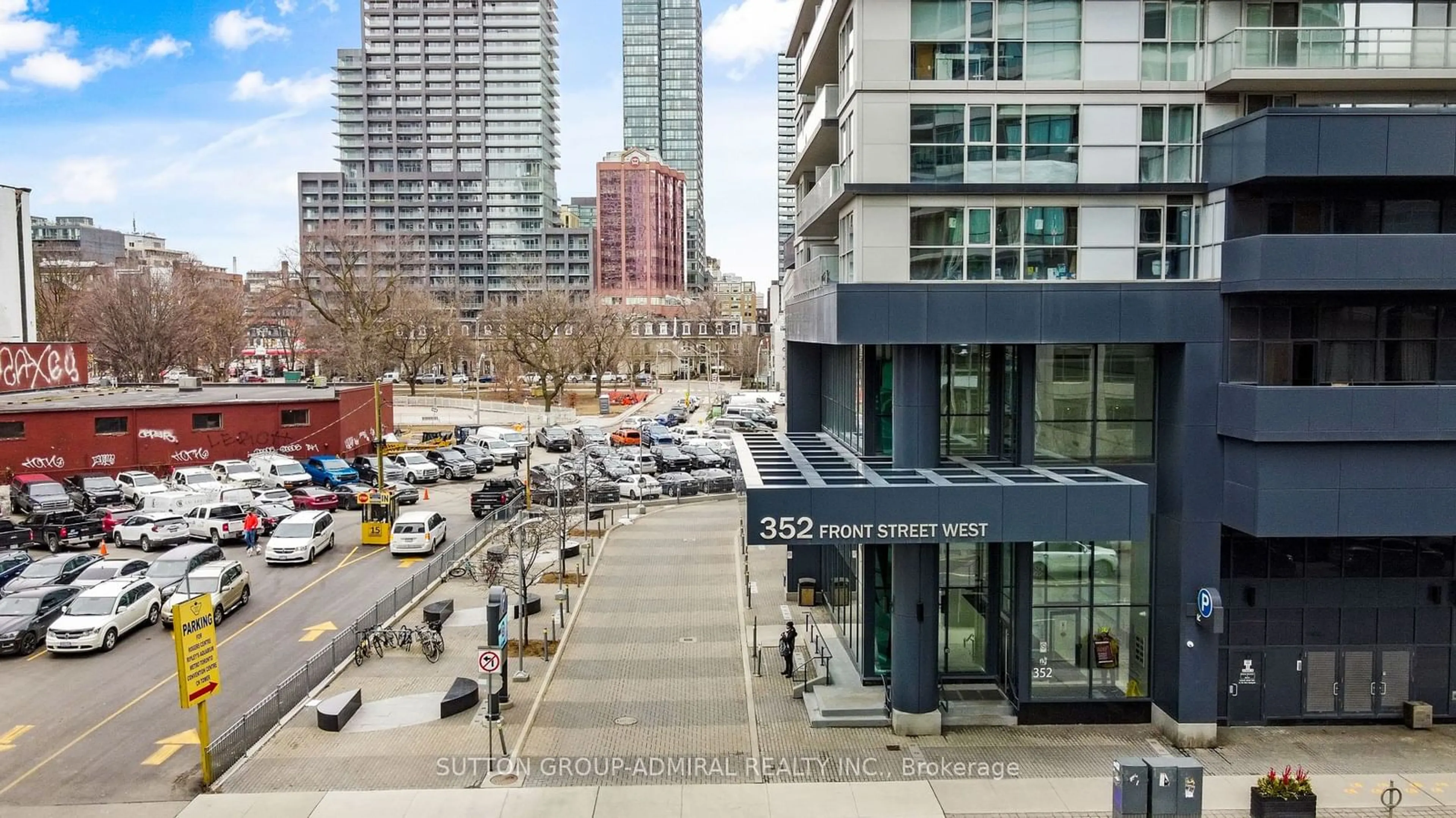 Patio, city buildings view from balcony for 352 Front St #2317, Toronto Ontario M5V 0K3