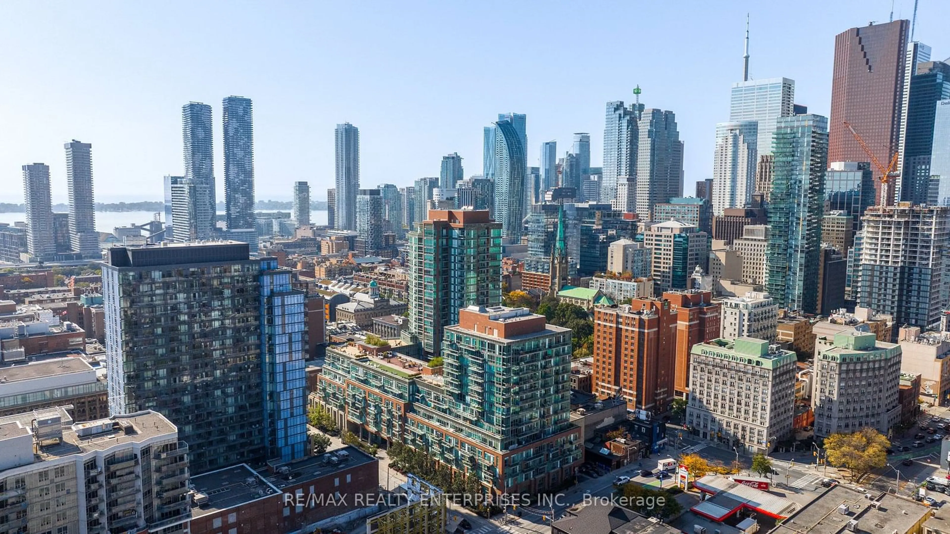 A pic from outside/outdoor area/front of a property/back of a property/a pic from drone, city buildings view from balcony for 112 George St #902, Toronto Ontario M5A 2M5