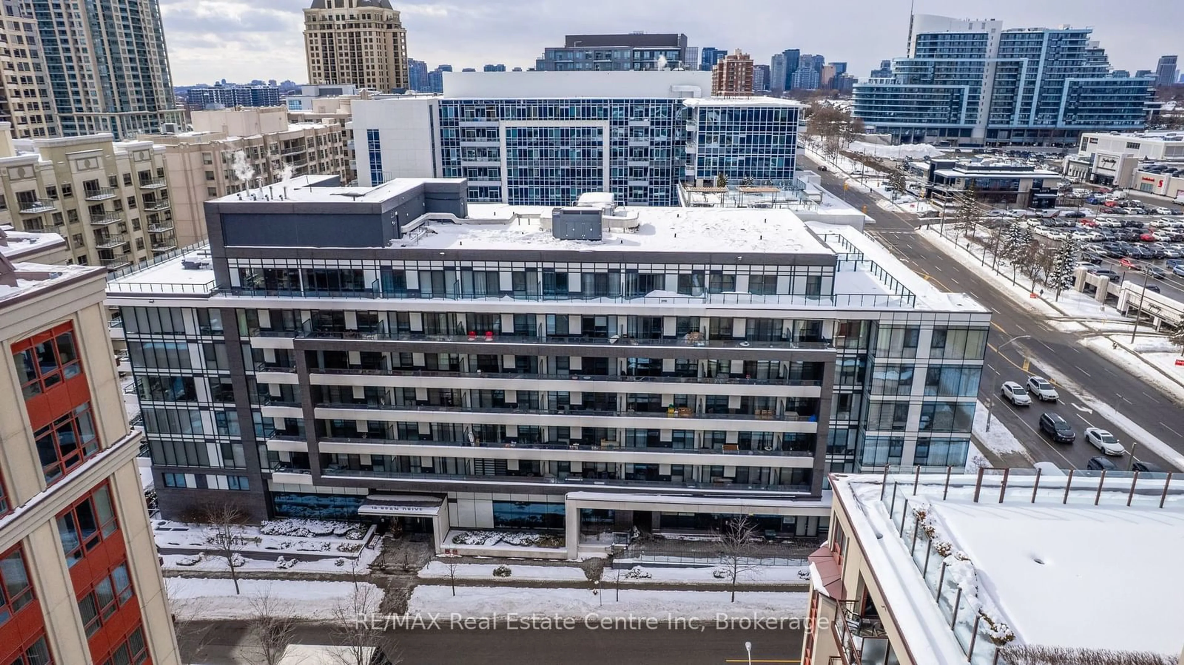 A pic from outside/outdoor area/front of a property/back of a property/a pic from drone, city buildings view from balcony for 18 Rean Dr #523, Toronto Ontario M2K 0C7