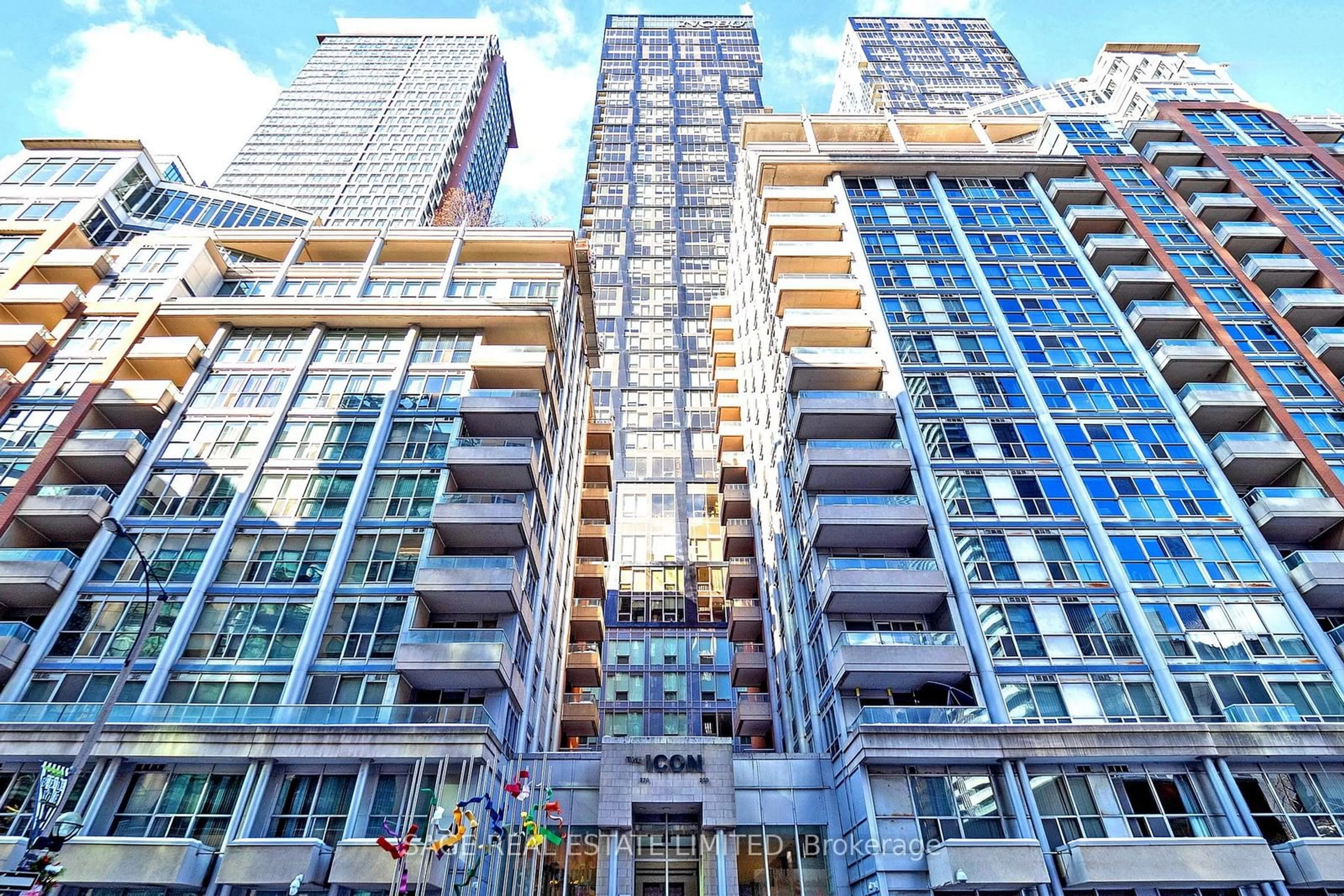 Patio, city buildings view from balcony for 270 Wellington St #1114, Toronto Ontario M5V 3P5