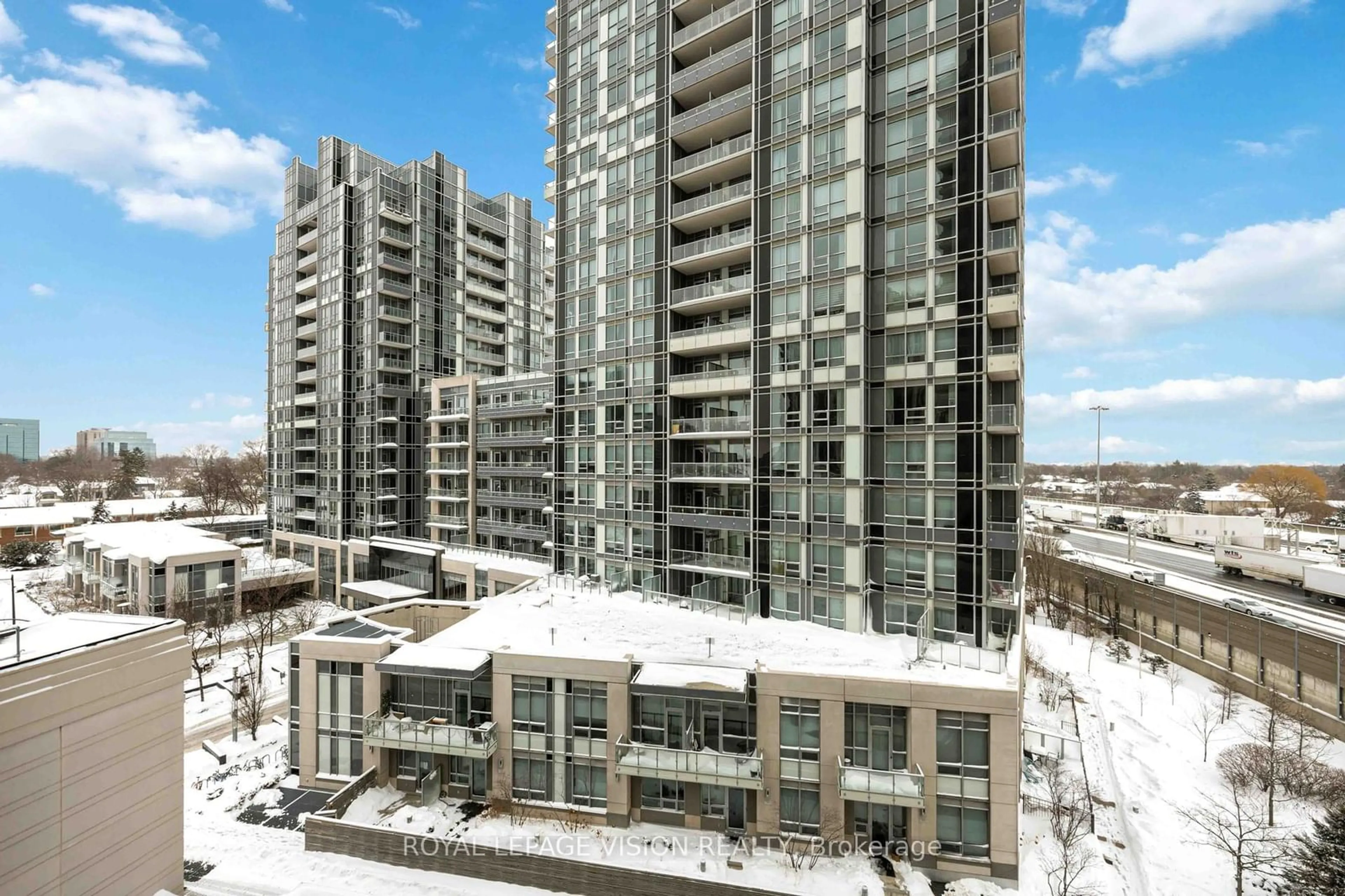 A pic from outside/outdoor area/front of a property/back of a property/a pic from drone, city buildings view from balcony for 100 Harrison Garden Blvd #520, Toronto Ontario M2N 0C2